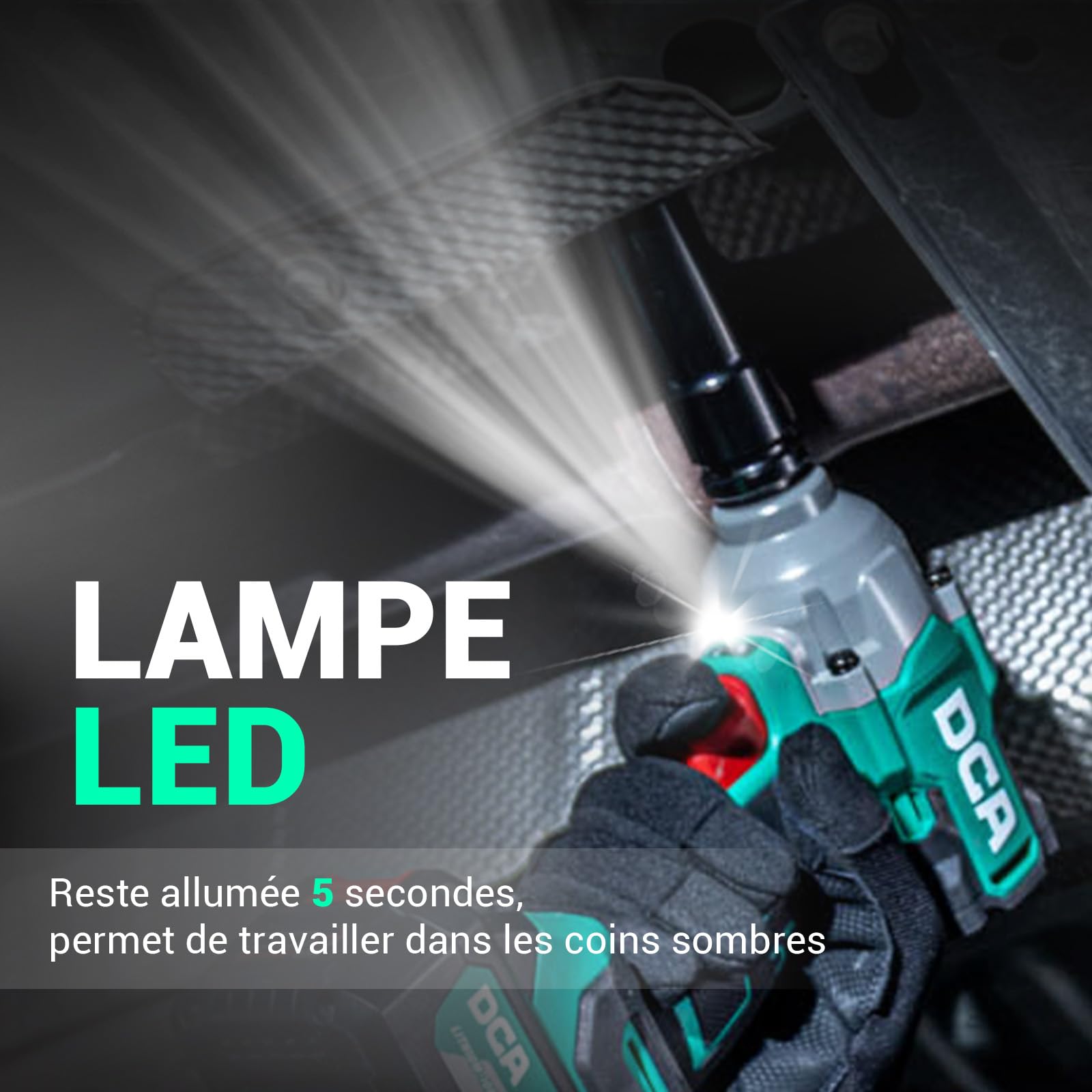 DCA Clé à chocs sans fil 20V Brushless, 682 Nm de couple max, enclume à anneau 13 mm, 2* batterie Li-ion 4000 mAh, 4 modes, lampe LED, design compact, fonction Smart Loosen ADPB520