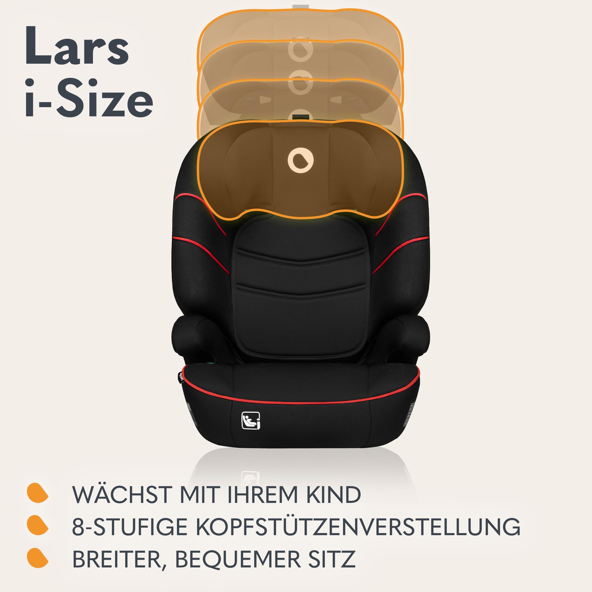 LIONELO LARS i-Size Kinderautositz 100–150 cm, Gruppe 2 3 | Seitenschutz 10 Grad, Kopfstützenverstellung, bequeme Armlehnen, abnehmbare Rückenlehne