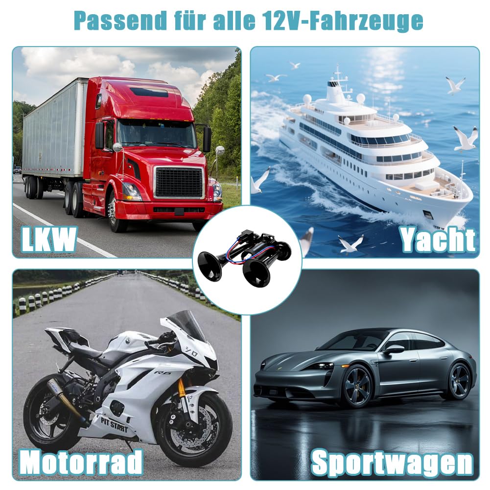 LKW Hupe 12V, 135DB LKW hupe, Doppelrohr Train Horn mit Kompressor, Lufthorn Druckluft Hupe Kit, für 12V Fahrzeuge LKW Lörries Züge Boote Cars Vans, Schwarz