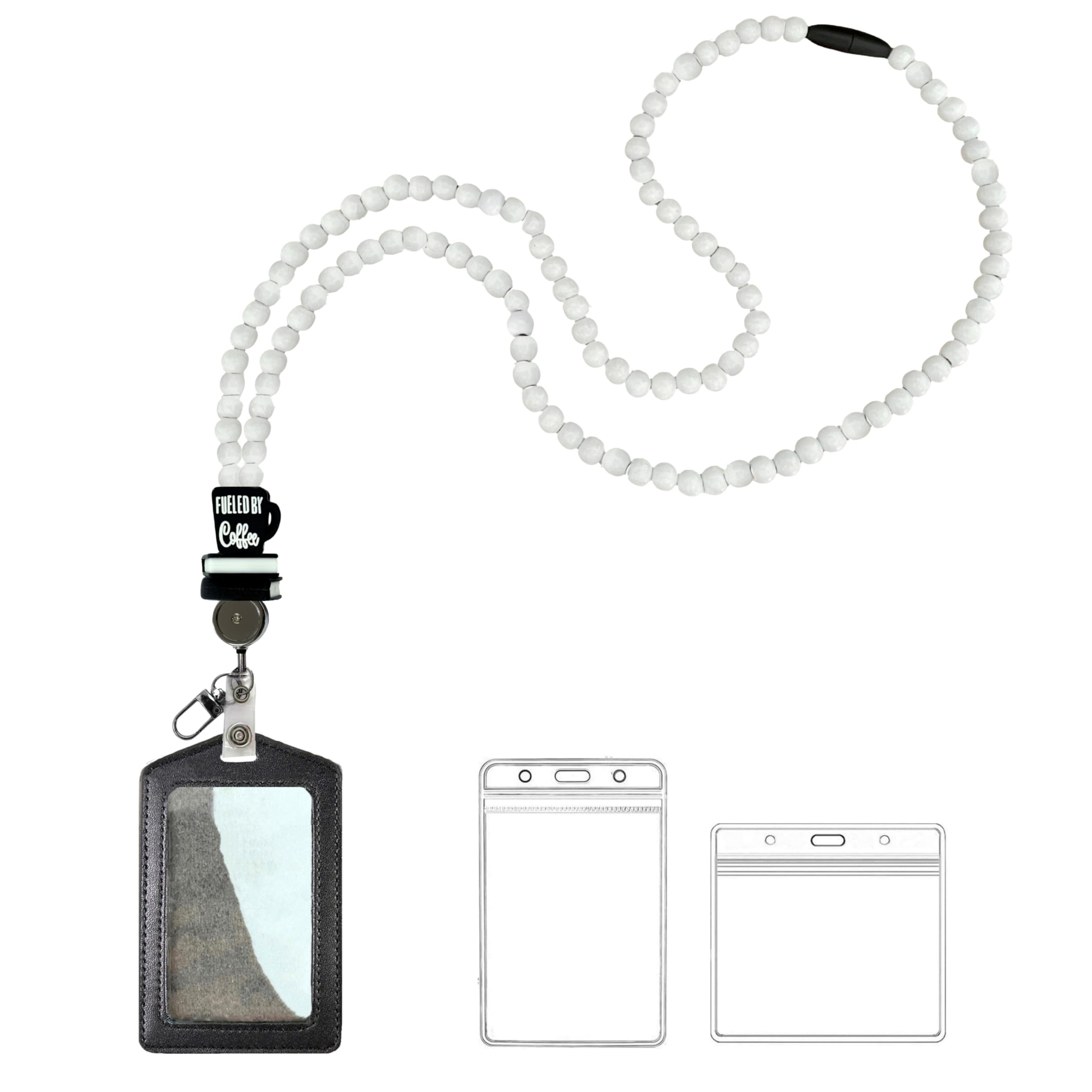 White Cute Beaded Teacher Lanyard with ID Holder Retractable Breakaway Badge Lanyards for ID Badges for Teacher Women Cute Birch Wood Necklace Lanyard