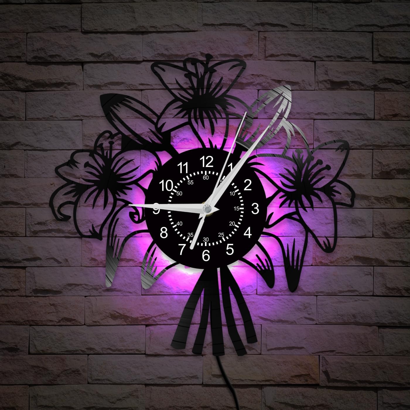12 Inch Flower Wall Clock 7 Colors LED Lighted, Vintage French Floral Wall Clock Night Light Vinyl Wall Watch Clock Silent Movement Non Ticking Great for Girls Room Bedroom Farmhouse Kitchen
