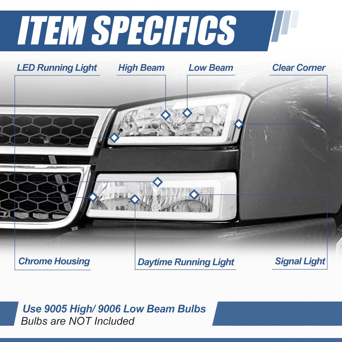 Auto Dynasty 4PCS LED DRL Headlight Lamps Compatible with Chevy Silverado Avalanche 1500 2500 3500 03 04 05 06 / Chevy Silverado Classic Models 07, Driver and Passenger Side, Chrome Housing Clear Lens