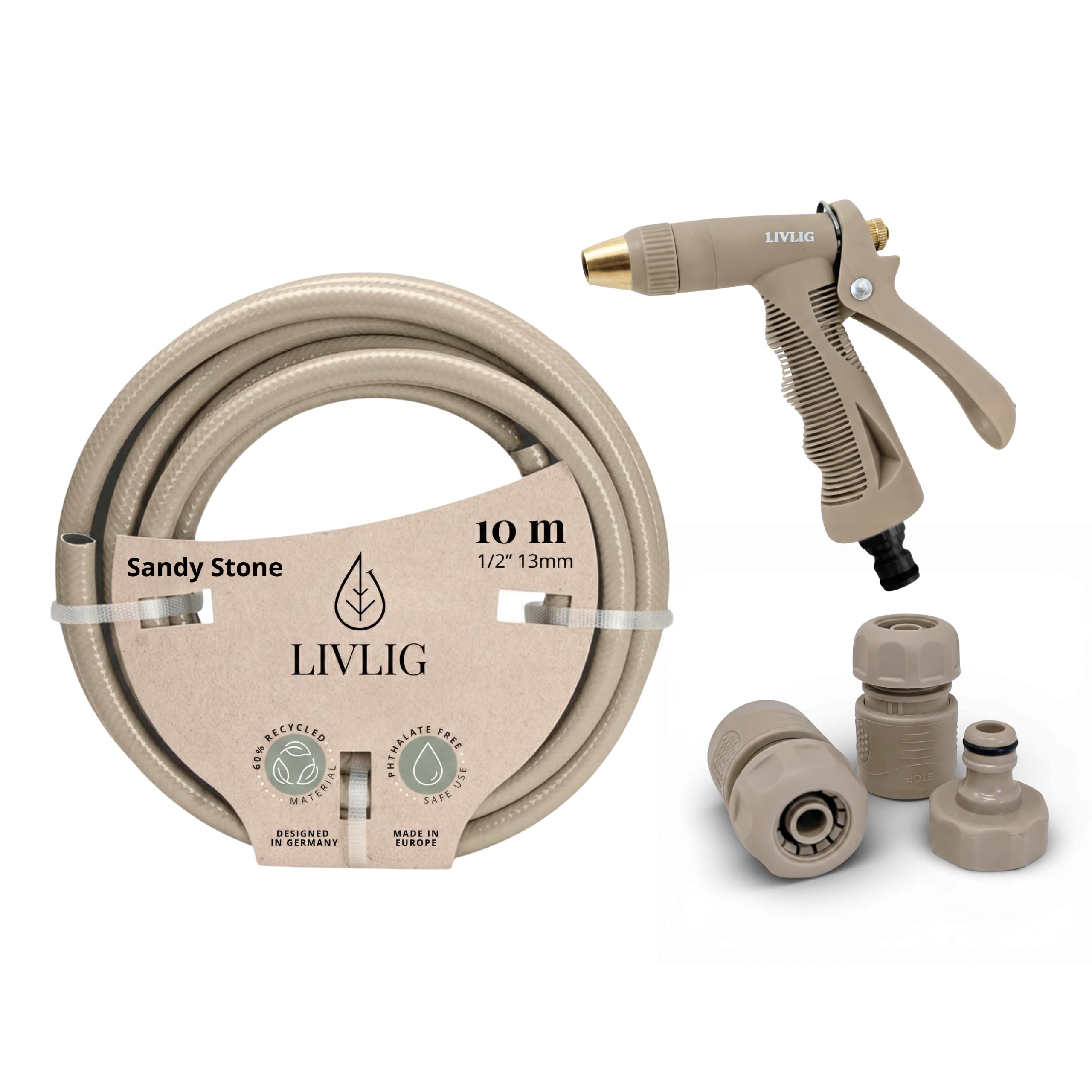 LIVLIG Set manguera 10 m 1/2" – tubo anti‑torsión y resistente a UV con pistola y conectores (G3/4, stop 1/2, rápido) – Beige