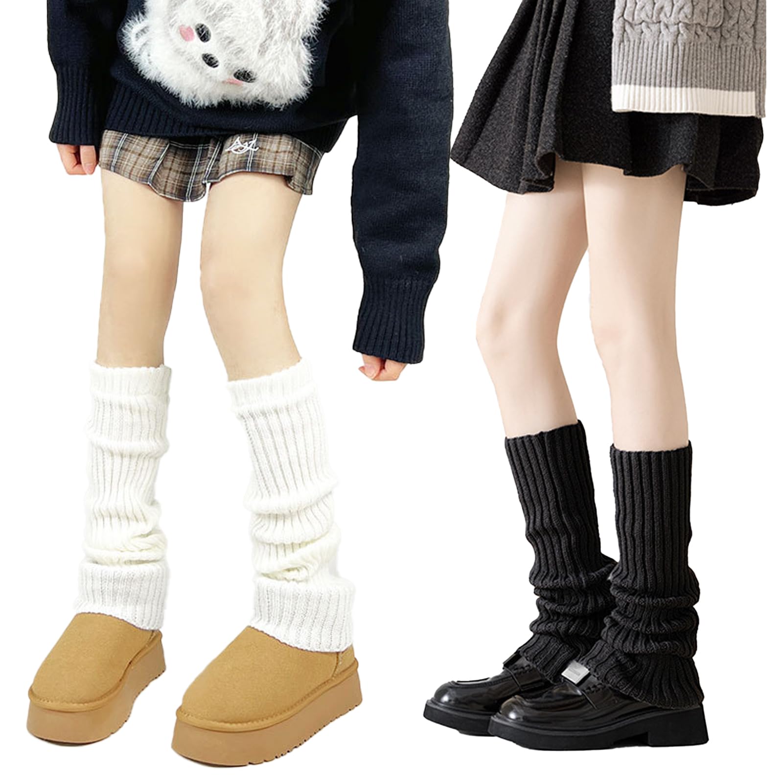 strrng 2 Pairs Leg Warmers,Winter Boot Cuffs Warm Black Legs Warmer,Ribbed Knit Leg Legs Warmer 80s,Stretchy Harajuku White LegWarmers,for Ladies and Girls Y2k Ballet Dance Yoga Ice Skating (41cm)