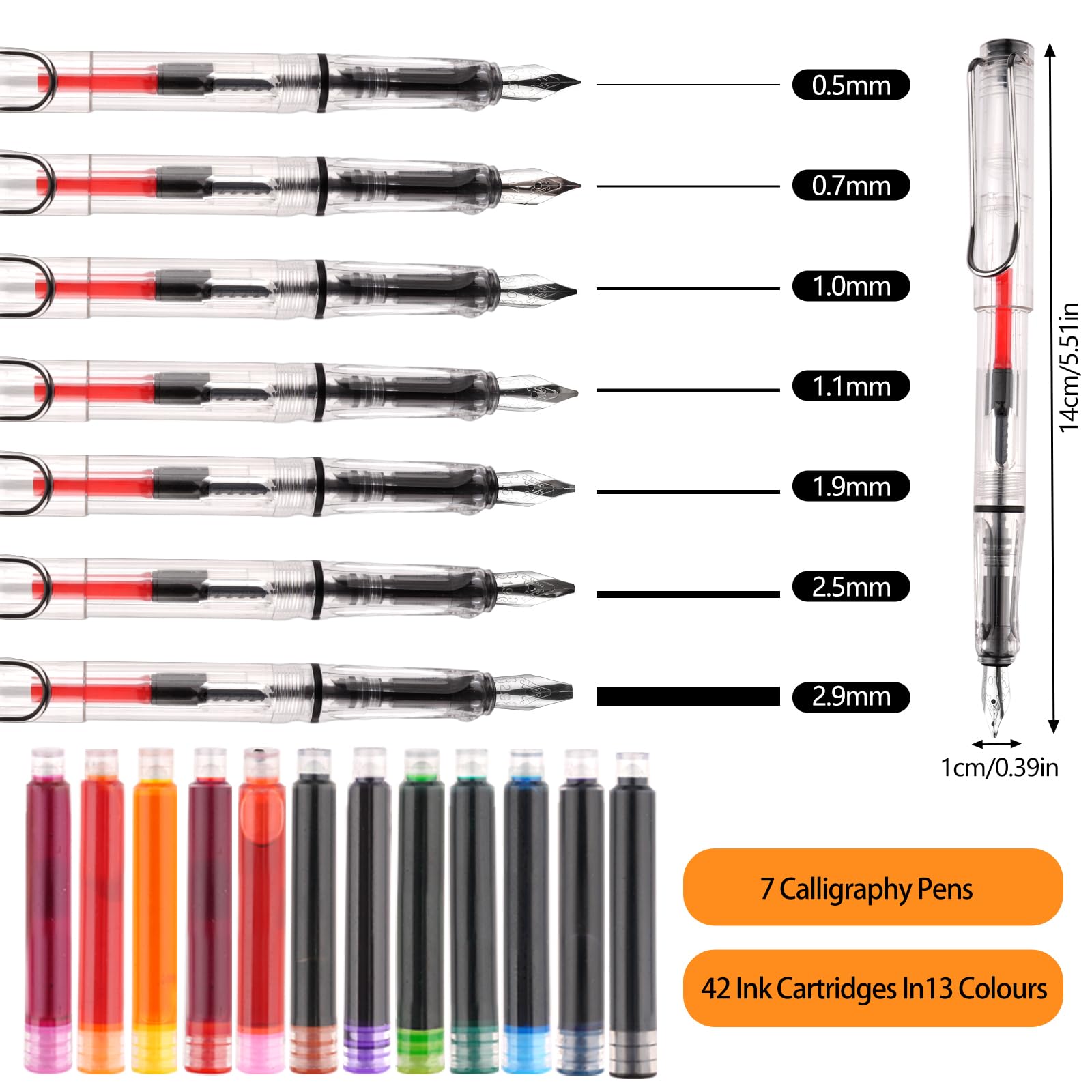 7 Stück Kalligraphie Füller Set,Kaligraphiestifte Set Anfänger mit 42 Tintenpatronen in 13 Farben,Füllfederhalter mit Verschiedenen Federn,für Grußkarten, Unterschriften, Kalligraphie, Schreiben