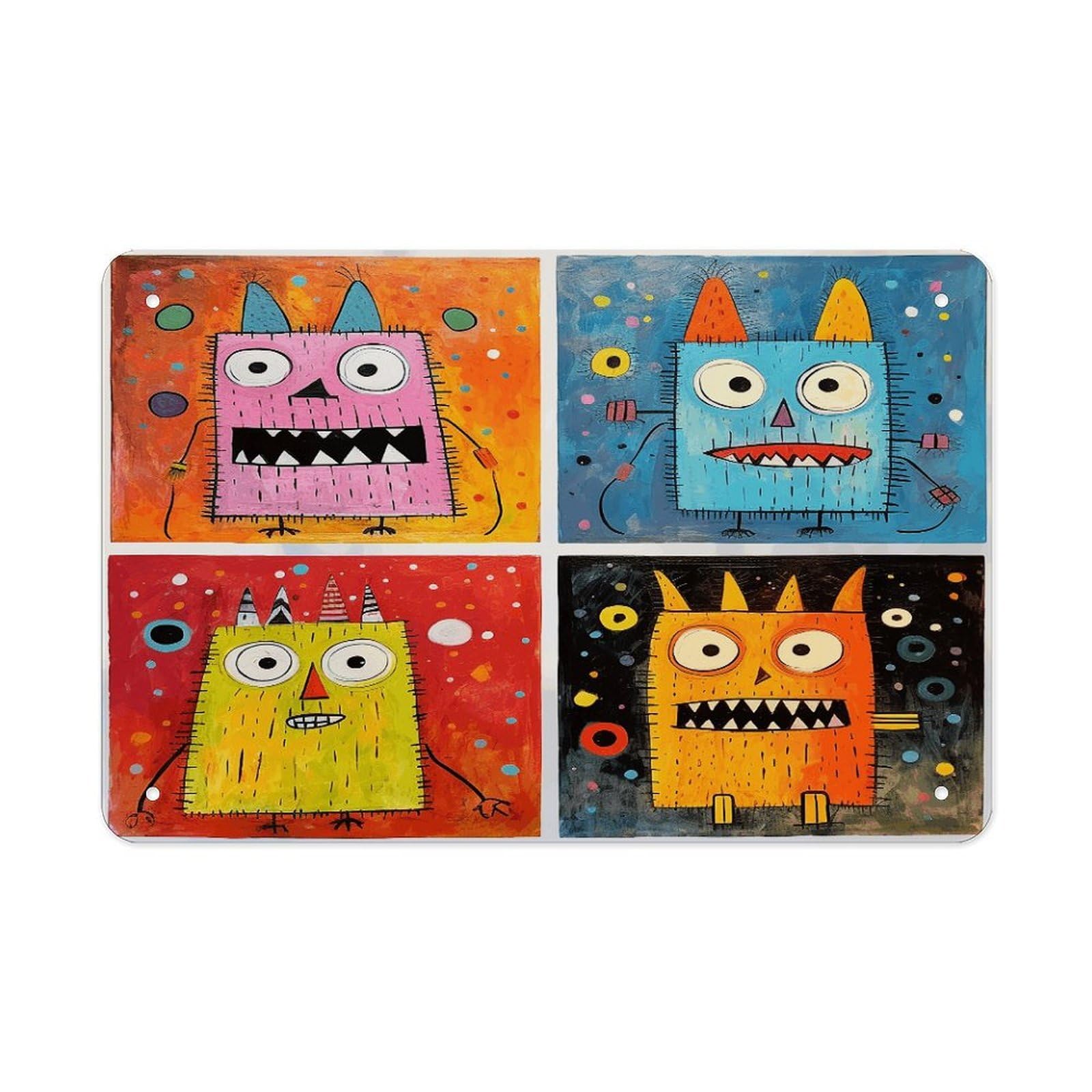 Fekiloot Style Four Colorful Monsters Metal Signs Wall Art Tin Sign