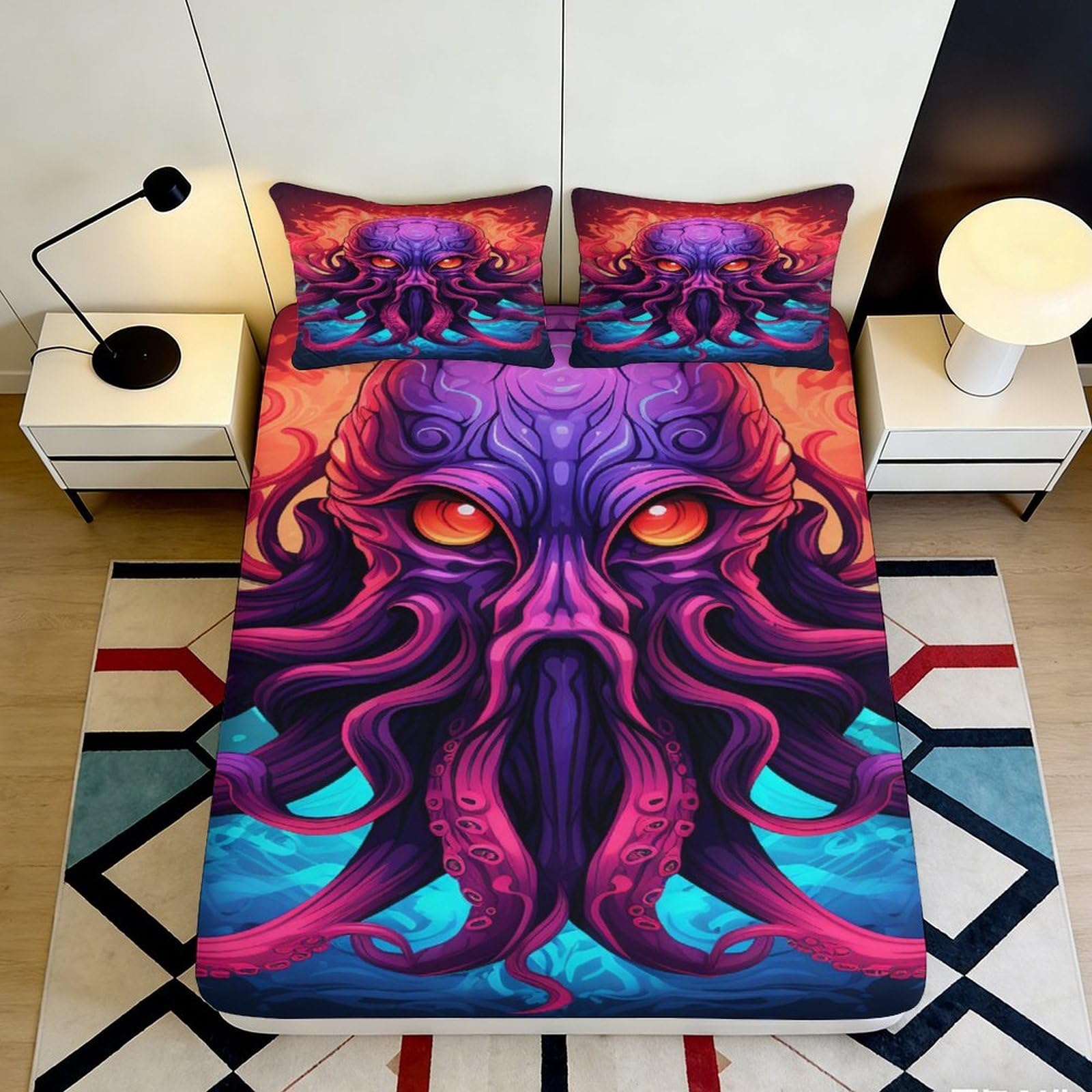 3D Printed Cthulhu Pattern Microfiber Fitted Sheet Deep Pocket Non-Slip for Adults Bedroom Bedding Cthulhu Mattress Fitted Cover 90x200x25cm