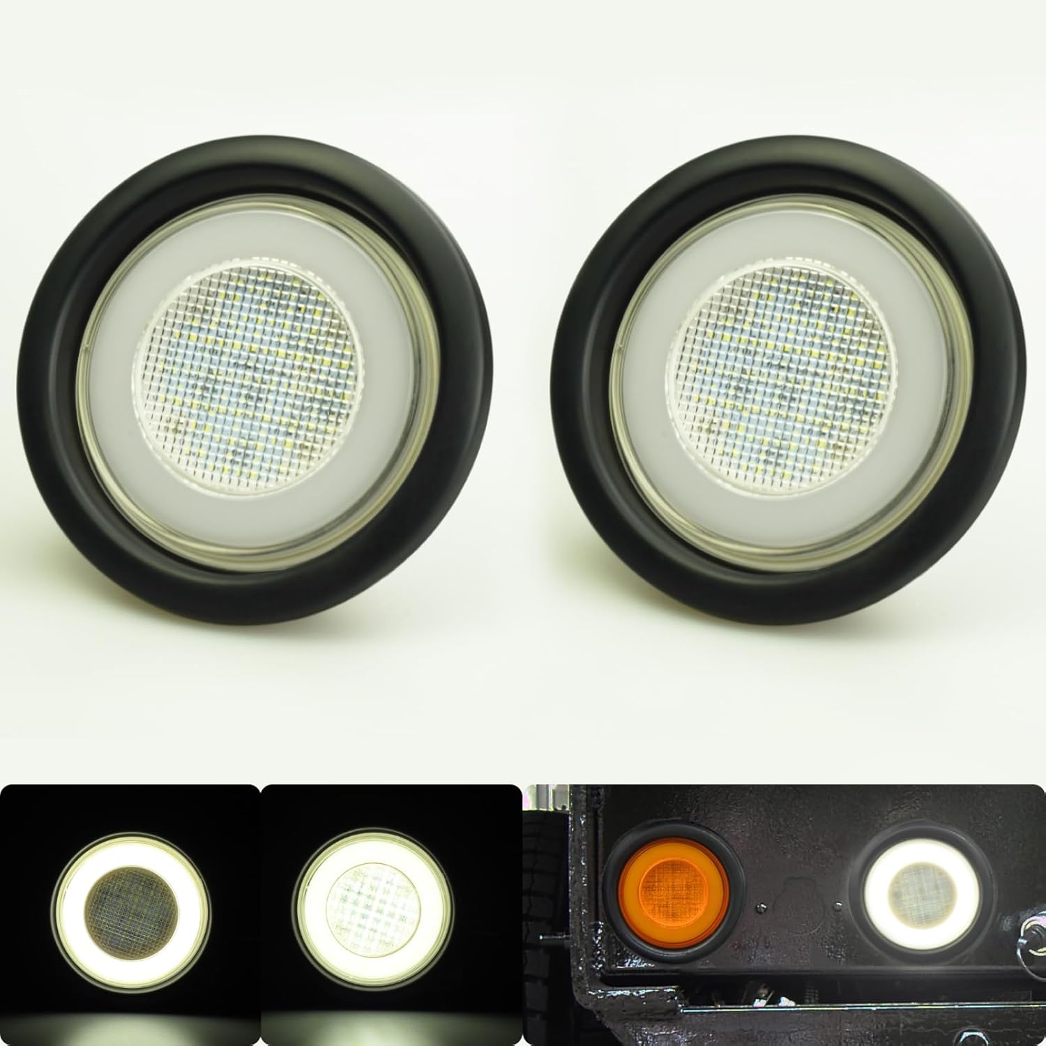 WahMOTOTin 2pcs 4 inch Round LED Trailer Halo Tail Lights White 64 LEDs with Rubber