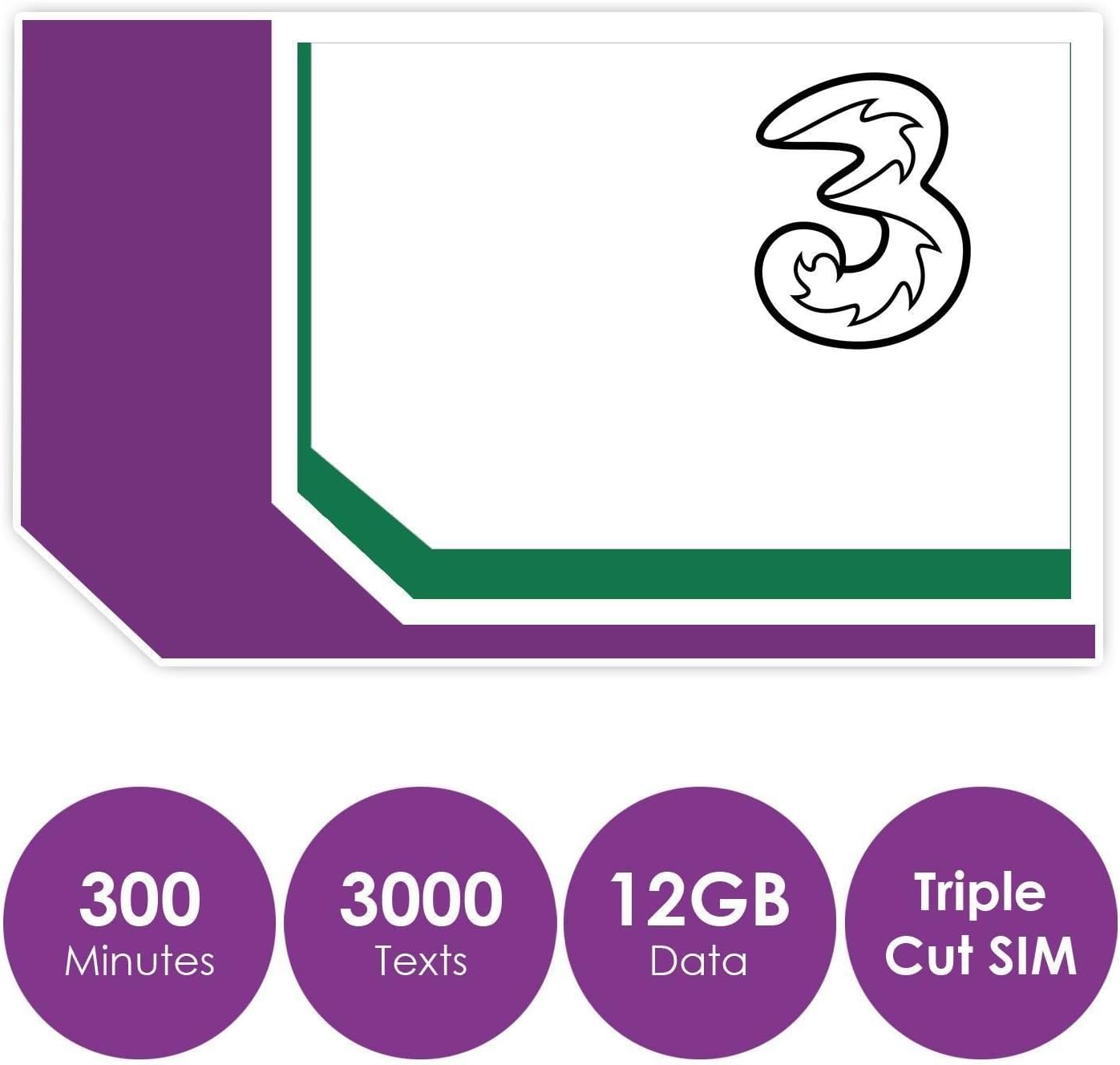 Three UK Pay As You Go Trio SIM Card - 300 Minutes, 3000 Texts and 12GB Data International Roaming Use Abroad in 42 Countries