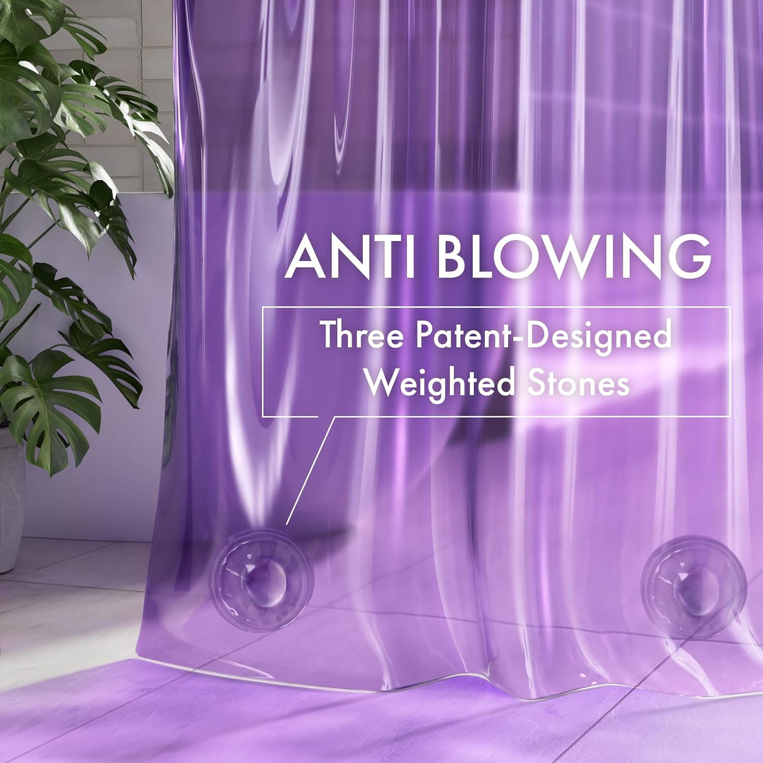 AmazerBath No Hook Shower Curtain and Liner 3-in-1, 8G Luxury Heavy Duty Clear Purple No Hook Shower Curtain Liner, 72x75 Cute EVA Bathroom Weighted Plastic Shower Curtain with 3 Heavyweight Stones