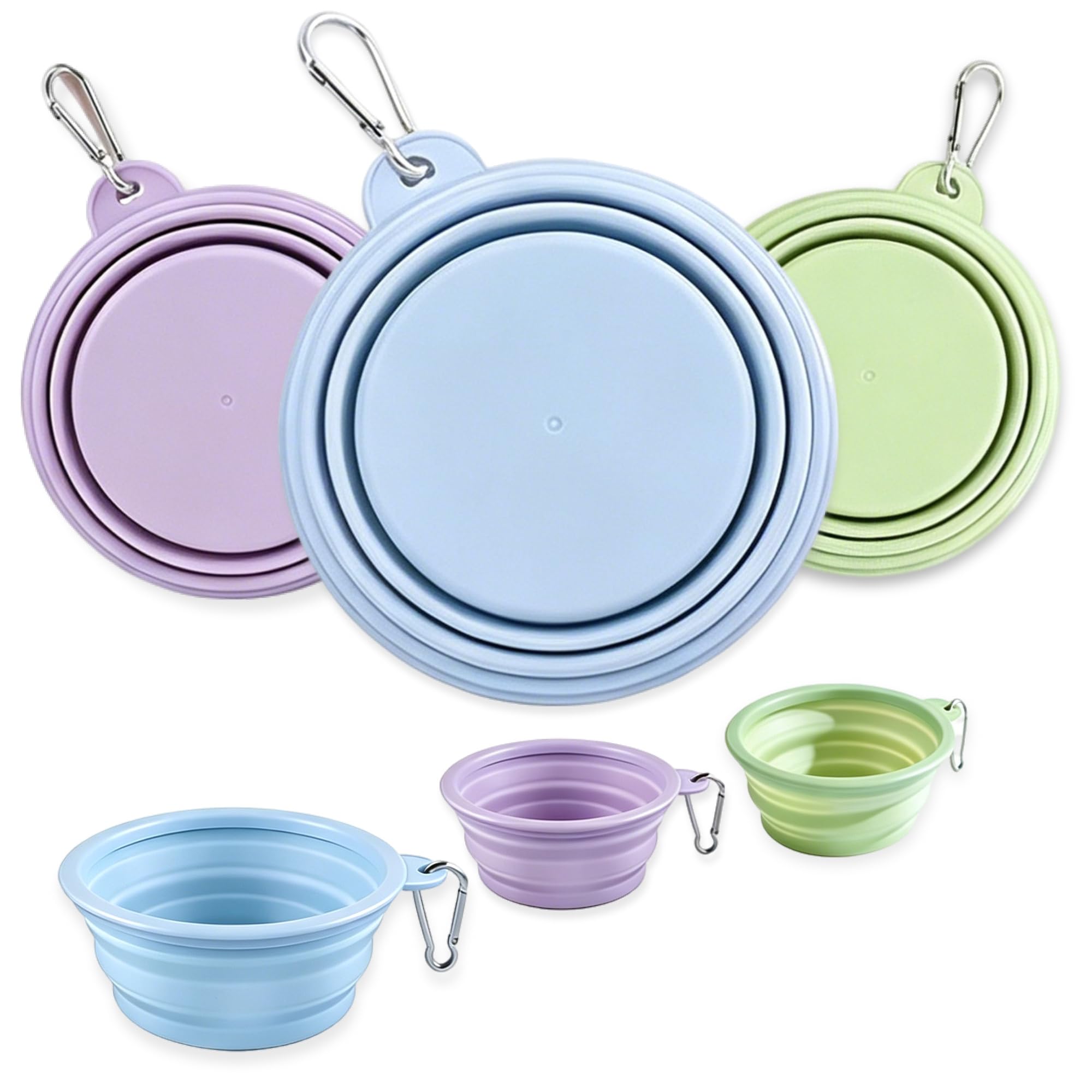 Collapsible Dog Bowls 3 Pack, Foldable Silicone Pet Food Water Bowls with Carabiner Clip, 1x1000ml & 2x350ml, Portable Reusable Travel Bowls, Lightweight Macaron Colours for Camping Hiking Home