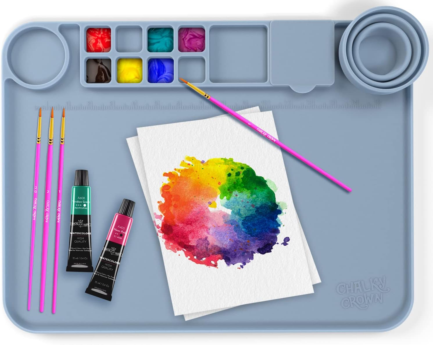CHALKY CROWN - Silicone Art Mat with Cup for Crafts - Silicone Painting Mat - Thick Large Artist Mat with Cup & Raised Edge for Painting 17.7"x13.7" - Blue