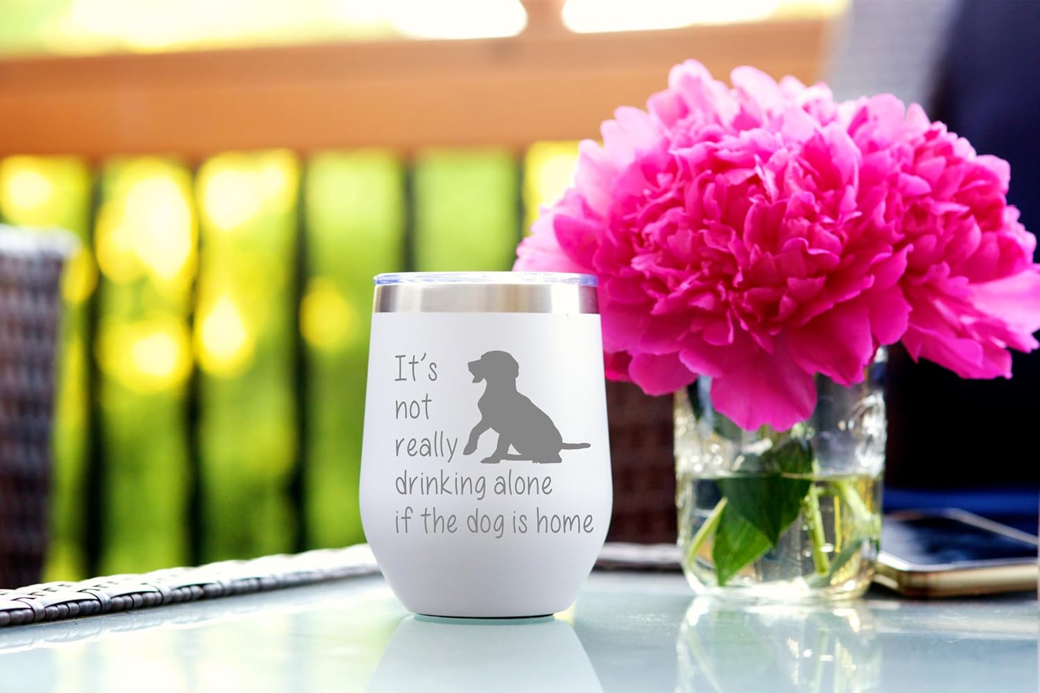 C M The Dog is Home Double Insulated Stainless Steel Travel Tumbler 12oz with Lid - White Powder Coated Laser Engraved Dog Lover