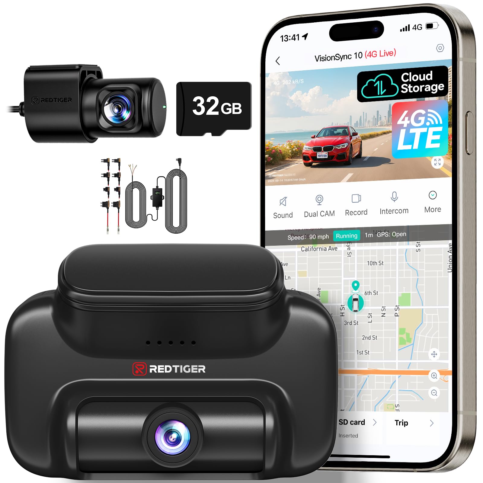 REDTIGER 4G LTE Dash Cam Front and Rear, Remote Live View, 6-Month Trial Plan, 2.5K+1080P Car Camera with Instant APP Alerts, Cloud Storage, Built-in AT&T SIM, 32GB Card, Parking Mode&Hardwire Kit