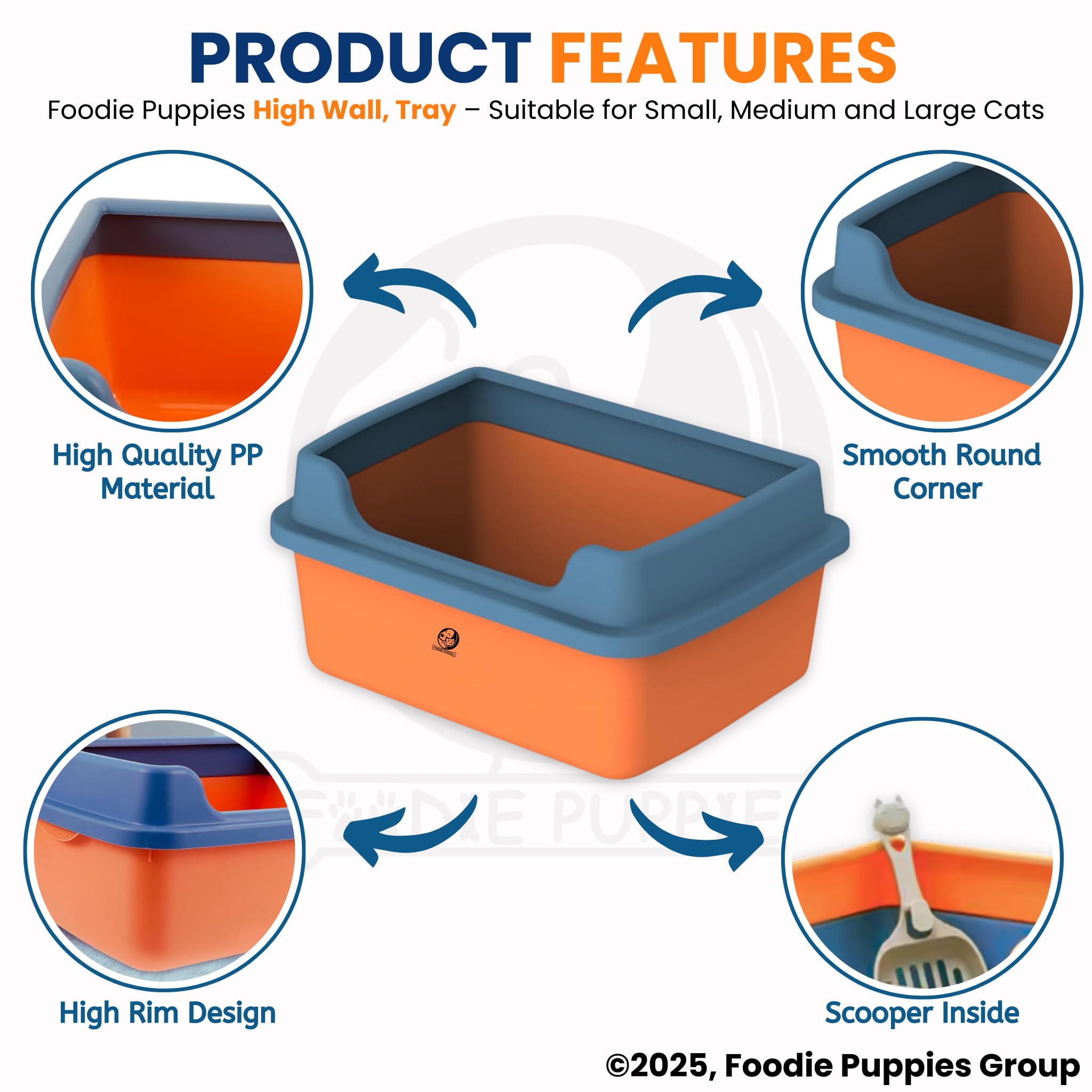 Foodie Puppies Open-Top Cat Litter Tray with Scooper Cat's Toilet - (High Wall, Large) (47 x 35 x 16cm) for Cats and Kittens I Durable Tray, Reduces Odor, Perfect Starter for Toilet Training 2