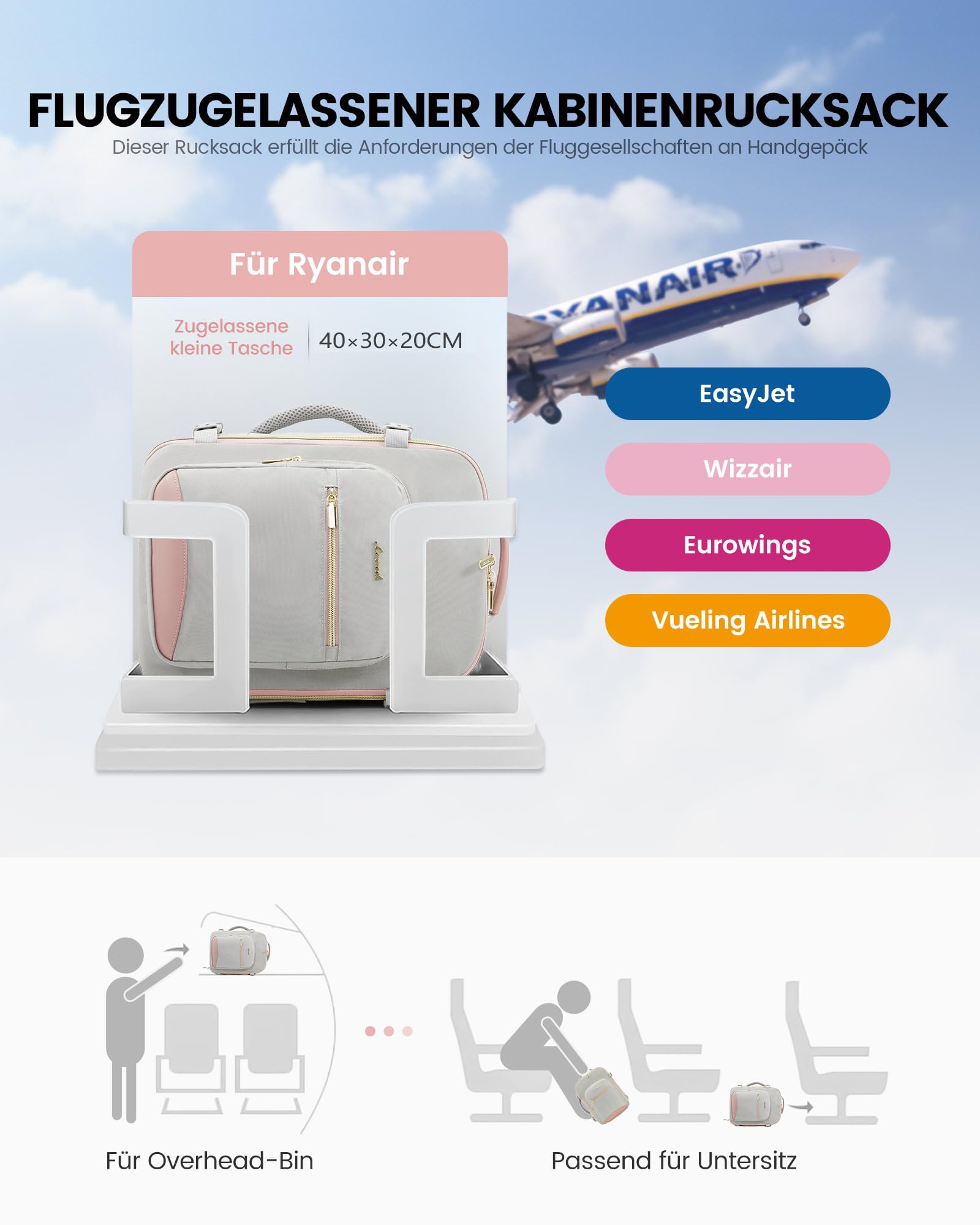 LOVEVOOK Ryanair Handgepäck 40x30x20, Handgepäck Rucksack Tasche Reiserucksack Flugzeug, Carry On Hand Luggage Travel Backpack für 13,3 Zoll Laptop Damen Herren, Klein Cabin Bag Eurowings Wizz