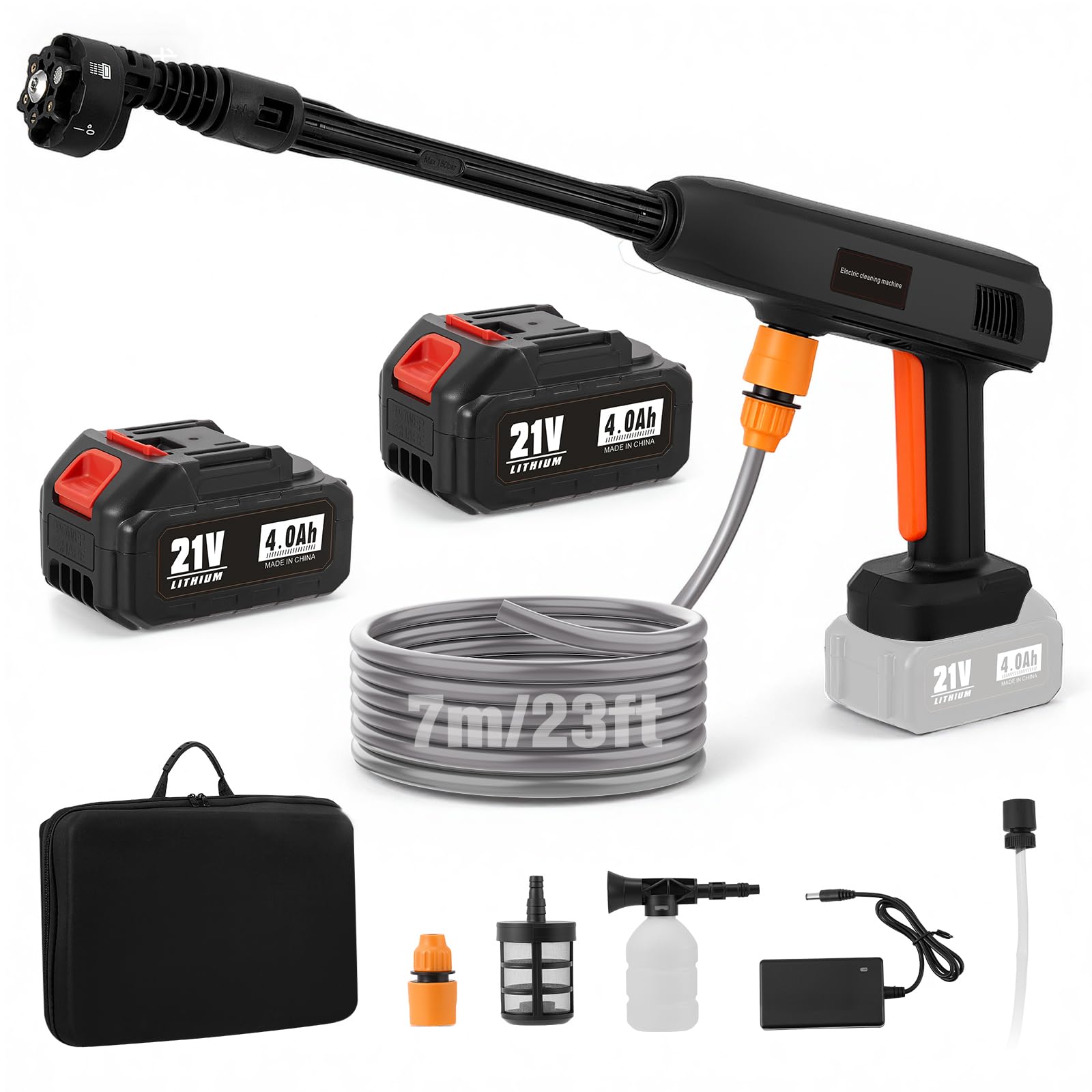 Limpiador de alta presión con batería, 1000 PSI (69 bar), 336 l/h, pistola portátil con 2 baterías de 4000 mAh, boquilla giratoria multifuncional 6 en 1, manguera de 7 m para coche, suelo, terraza
