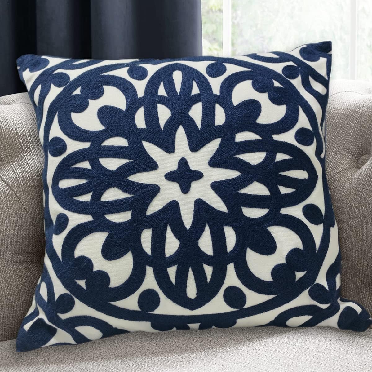 Alysheer Boho Mandala Embroidered Throw Pillow Cover 20x20 Navy Blue - Durable 100% Cotton Canvas for Sofa Bed Decor