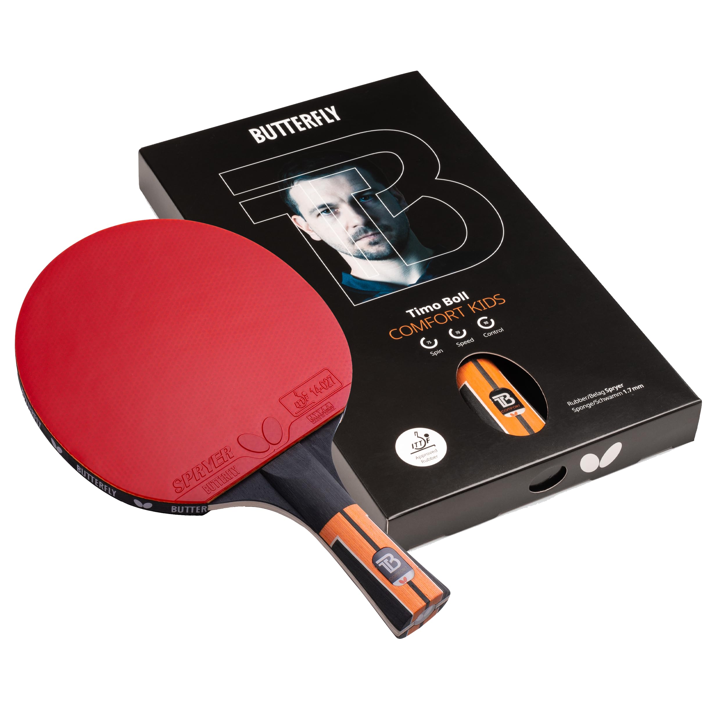 Butterfly Timo Boll Comfort Table Tennis Racket Control Ping Pong Bat with Spryer 1.7mm Rubber, 5-Ply Blade, Lightweight Design for Beginners, Youth & Players with Small Hands