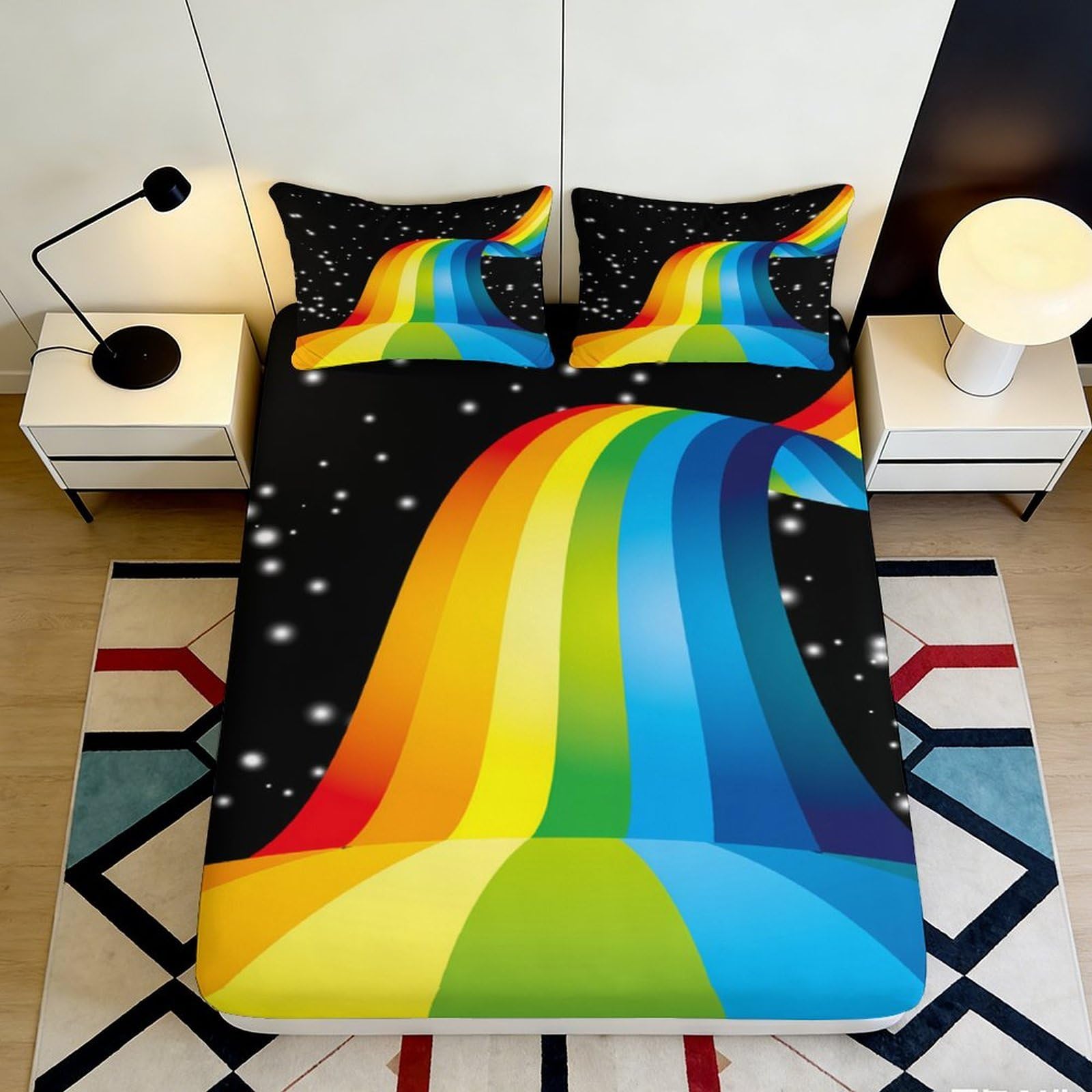 3D Printed Rainbow Wave Fitted Sheet Microfiber Soft Breathable Starry Sky Bed Cover for Bedroom Dormitory Guest Room Mattress Protection Decor 200x200x25cm