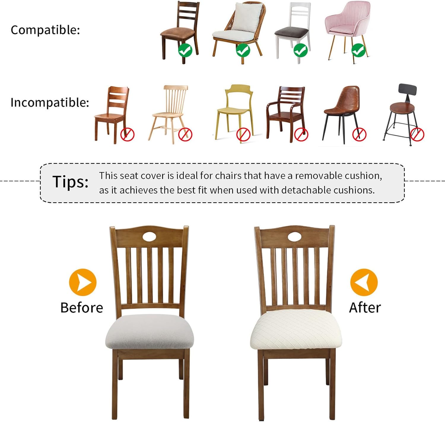 Fuloon Stretch Chair Seat Covers 6 PCS, Removable Washable Dining Room Chair Covers Anti-Dust Seat Cushion Slipcovers (Beige)