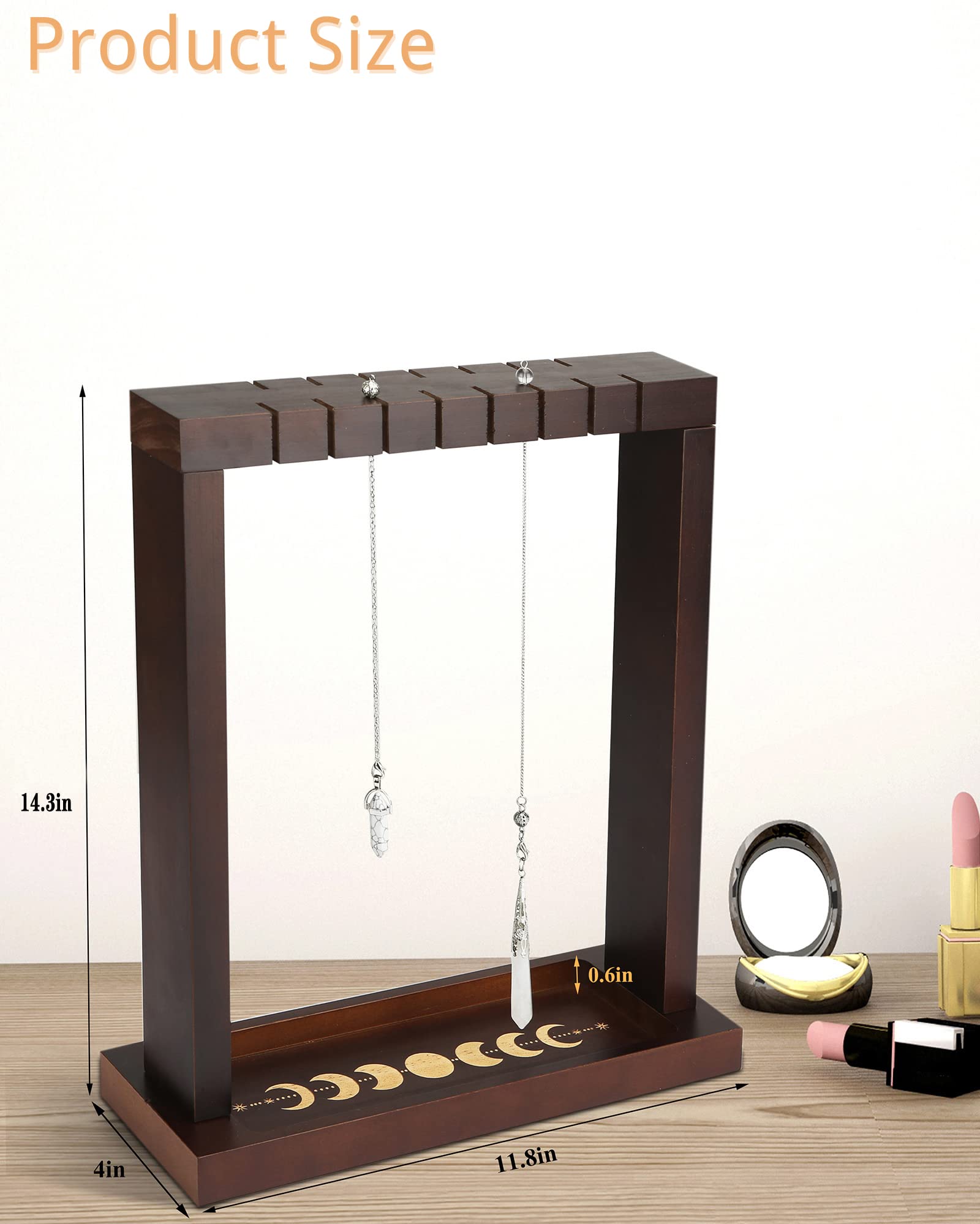 Mondphasen-Pendelständer mit Tablett, Holz-Wicca-Kristallhalter für bis zu 15 Pendel, Hexenzubehör, Hexen-Organizer für Räucherstäbchen, Ladehalskette, Heilstein-Rack