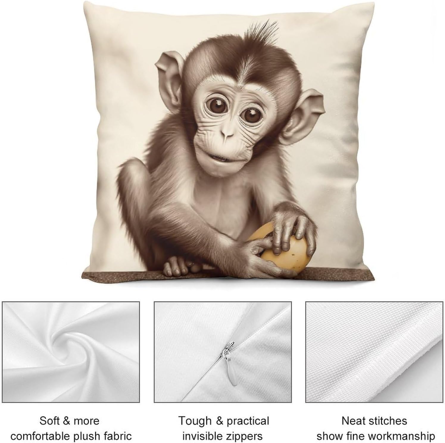 Zippered Pillow Cover, Pillow Protector, Cute Monkey Printed Pillow Cover of 4, Pillow Not Included