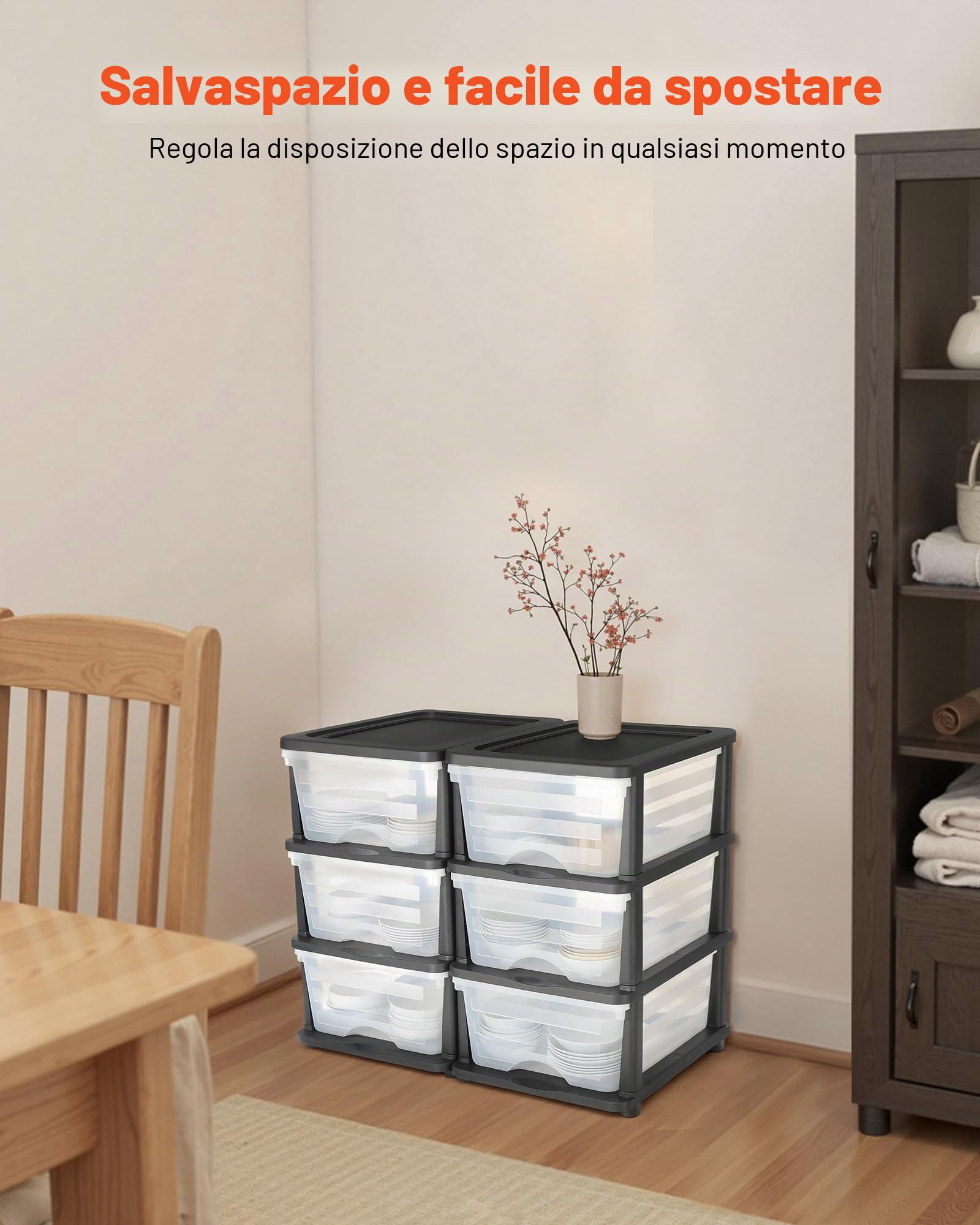 VEVOR Cassetti Portaoggetti in Plastica, Torre Portaoggetti a 6 Cassetti, Scatola per Stoccaggio a 3 Livelli, Contenitori Trasparenti per Forniture per Ufficio, Stanze per hobby, Aule, Casa
