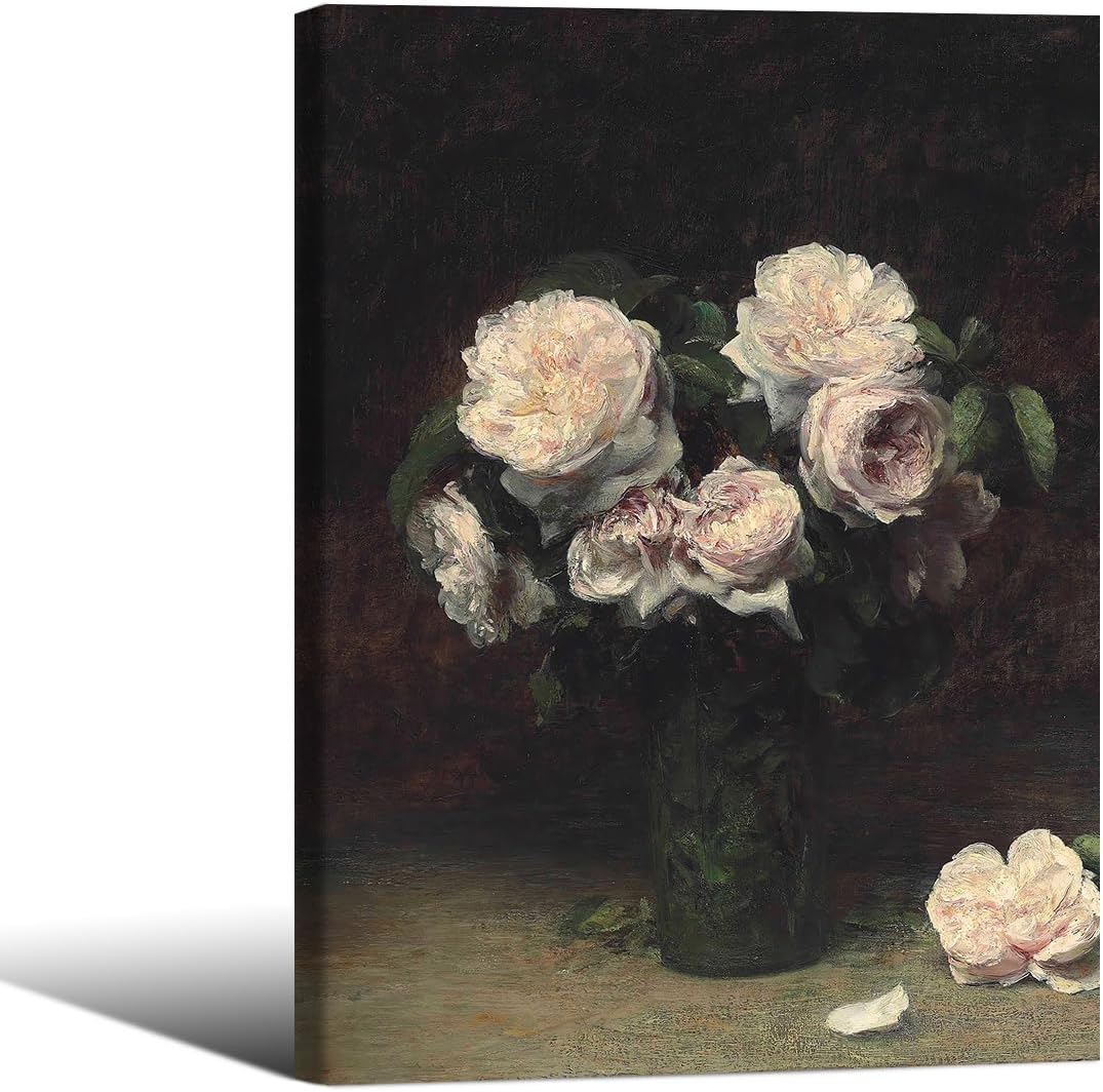 Rustic Spring Rose Garden Poster English Cottage Flower Canvas Wall Art Vintage Nature Botanical Oil Painting for Living Room Hallway Bedroom Office Decor 08x10 inch Black Framed