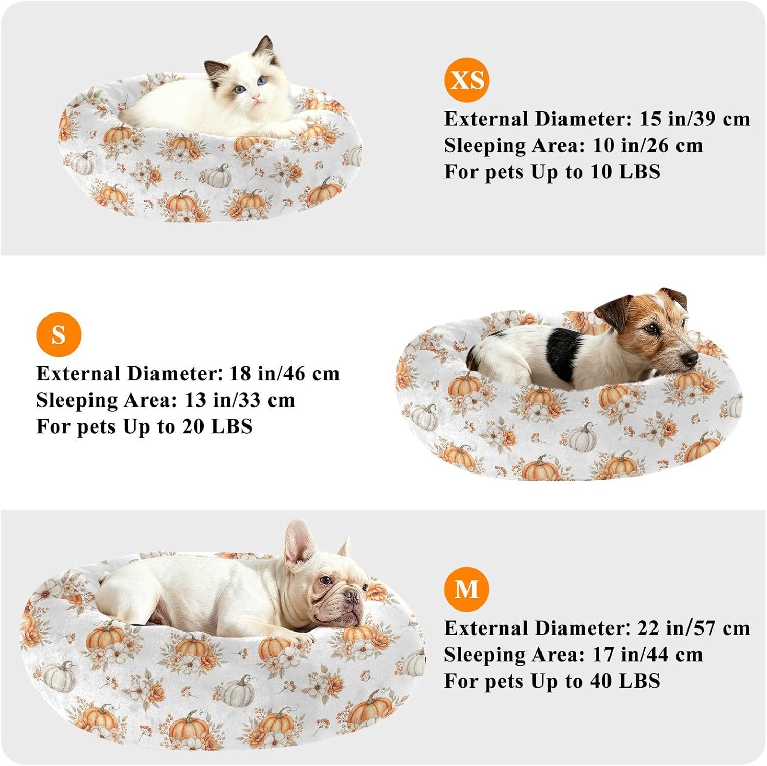 Fall Flowers White Pumpkins Pattern Dog Bed Small Medium Dog Bed Washable Donut Cat Beds Cute Pet Puppy Beds for Winter Indoor Pets Sleeping,M