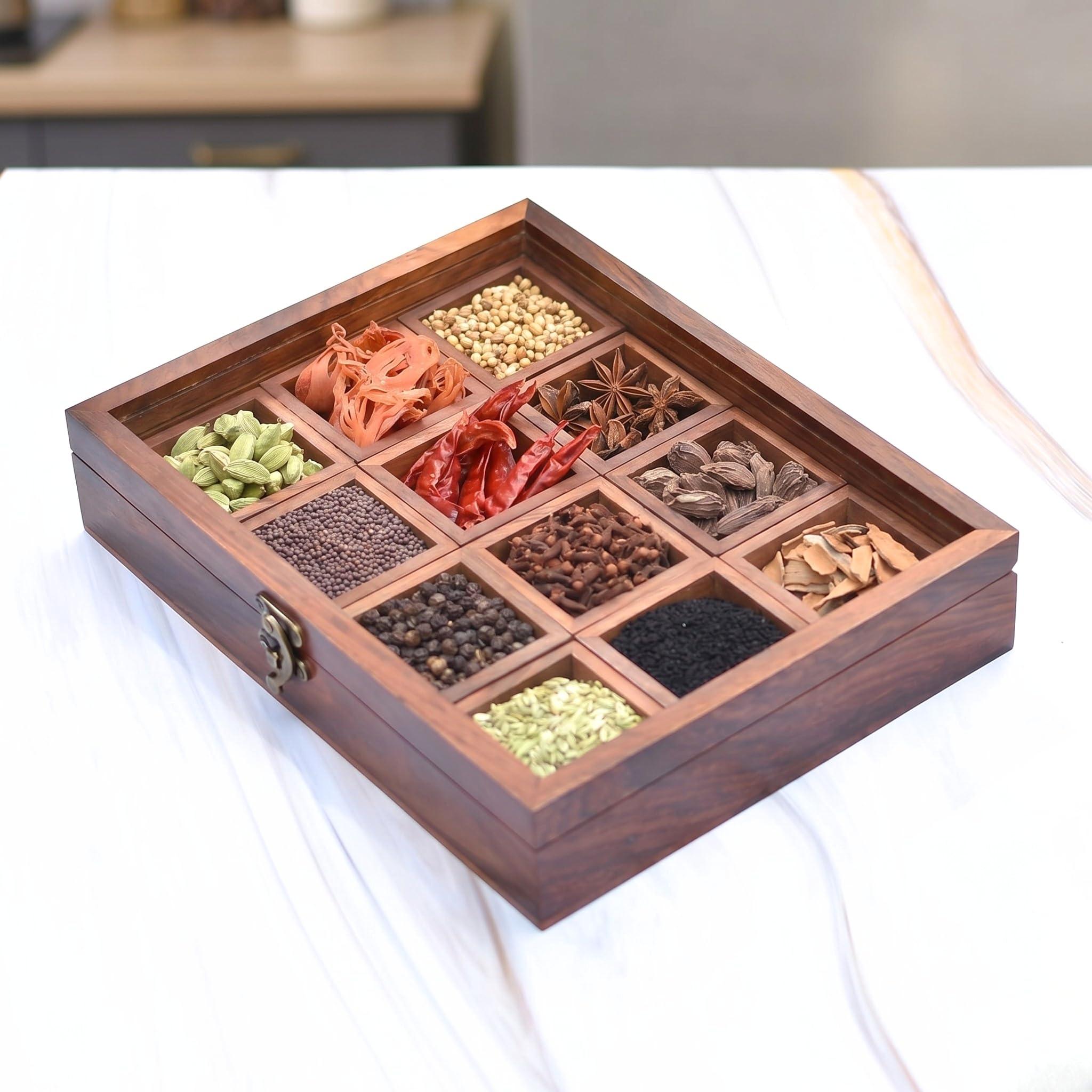 TOM Taste of Maa Spice-Fit, Whole Spices filled in a Sheesham Wood Spice Box- (12 Detachable Box) 1.6 kg
