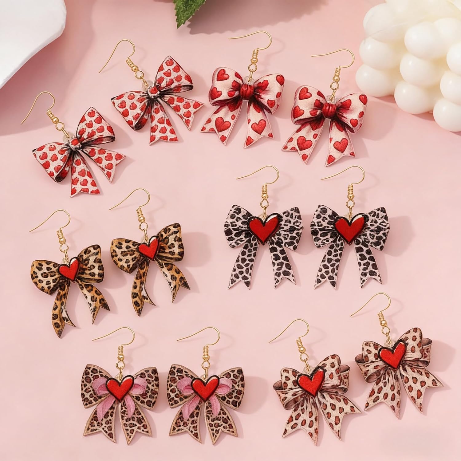 Valentines Earrings Leopard Bow Earrings for Women Red Heart Bow Earrings,Cute Bowknot Drop Earrings Valentines Outfits Accessories - Image 5