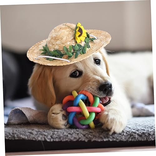 Miniatura 9 de Balacoo Sombrero de girasol tejido de paja para mascotas, gato y perro, adorable decoración para mascotas, fácil de usar