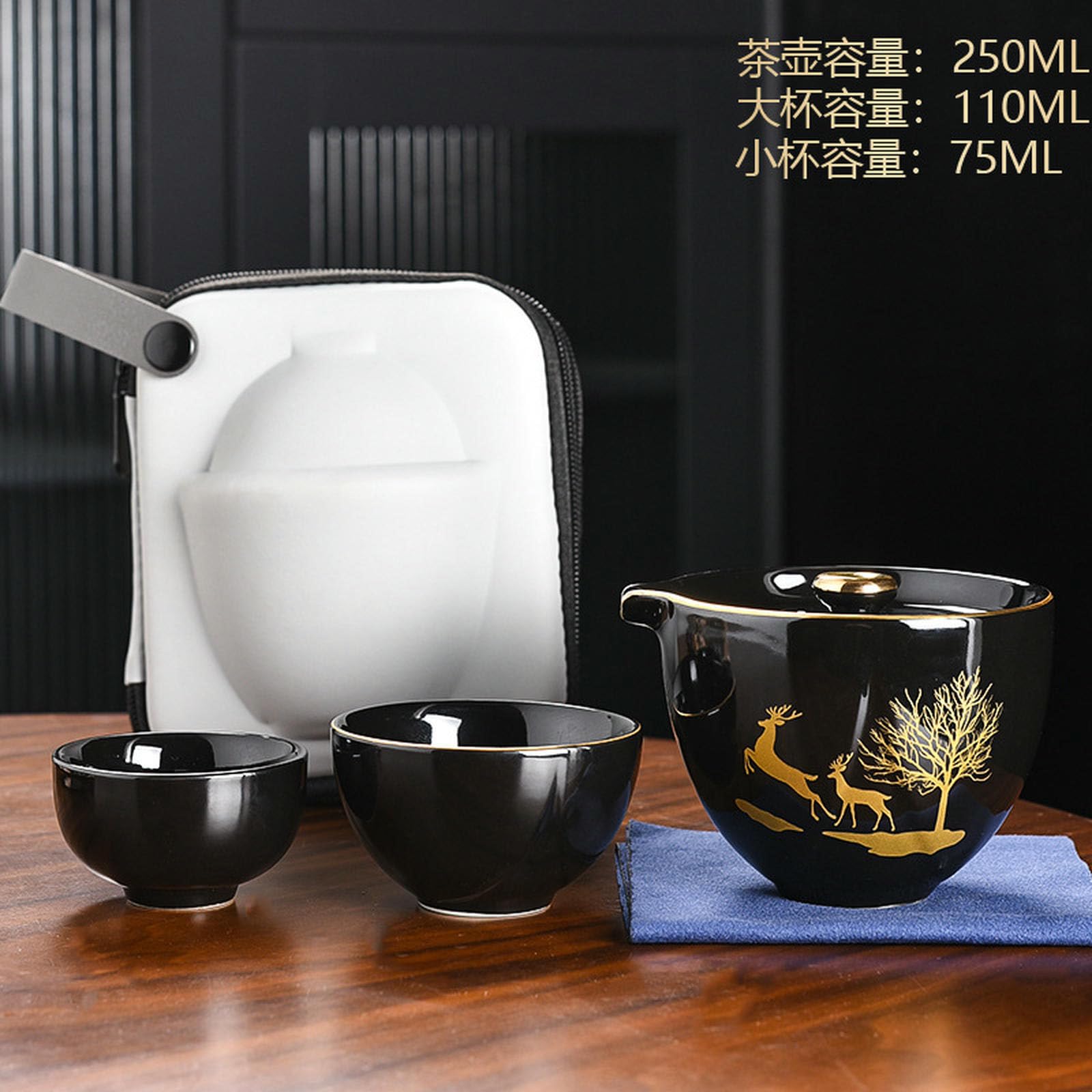 Juego de té portátil de cerámica japonesa, juego de viaje al aire libre con una olla y dos tazas, clásico negro y ciervo acompañan