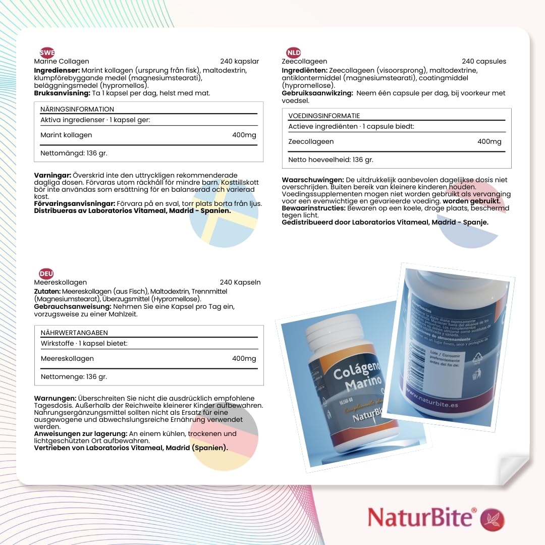 Colágeno Marino Hidrolizado NaturBite – Proteína de Colágeno de Pescado – 240 Cápsulas – Complemento Alimenticio para Piel, Cabello, Uñas y Articulaciones