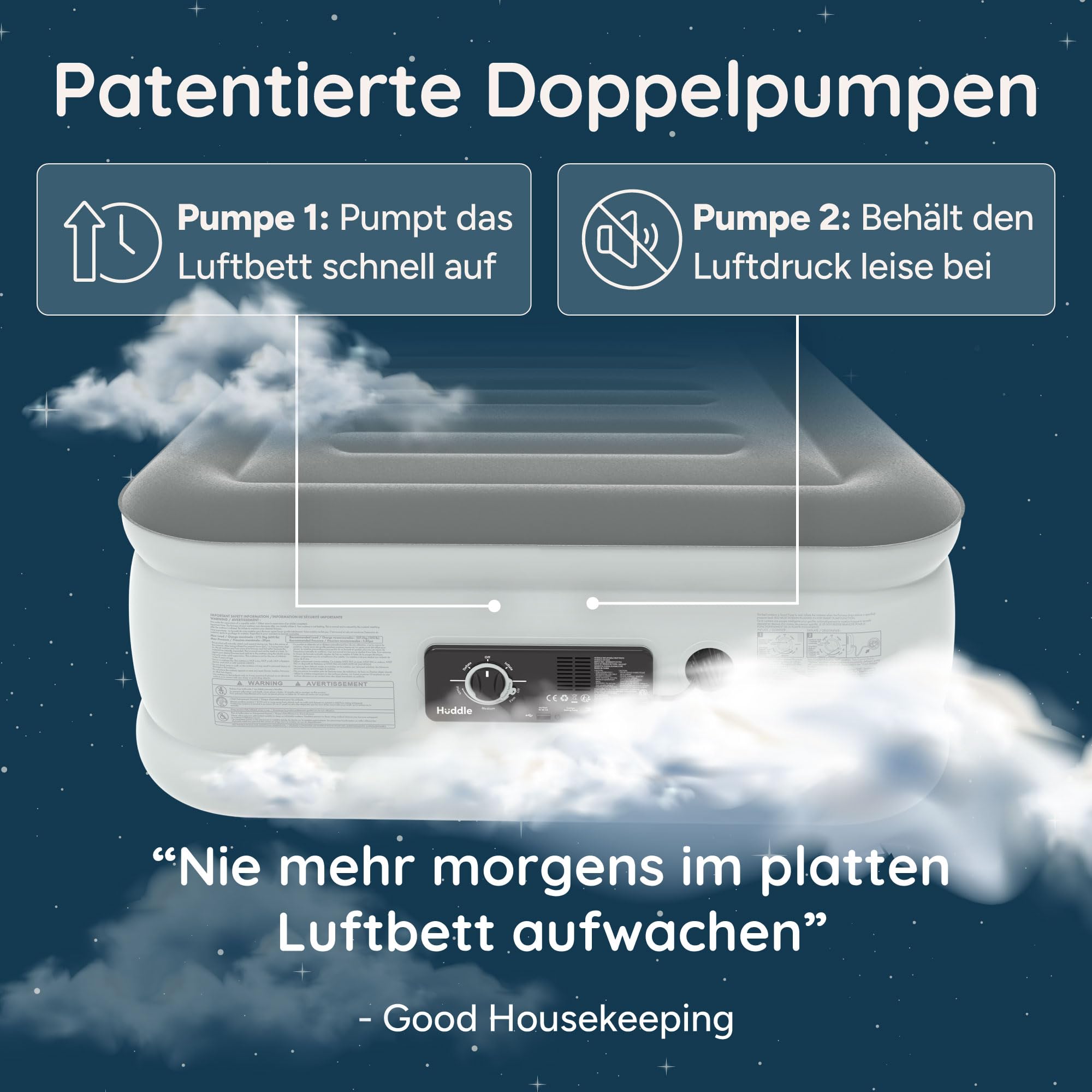 Huddle Never Deflate™ Luxus-Einzel-Luftbett, preisgekrönter Good Housekeeping 2025 Gewinner, Dual Pump SlumberGuard™ Technik, verstellbare Festigkeit, integrierte Pumpe & USB-Nachtlicht