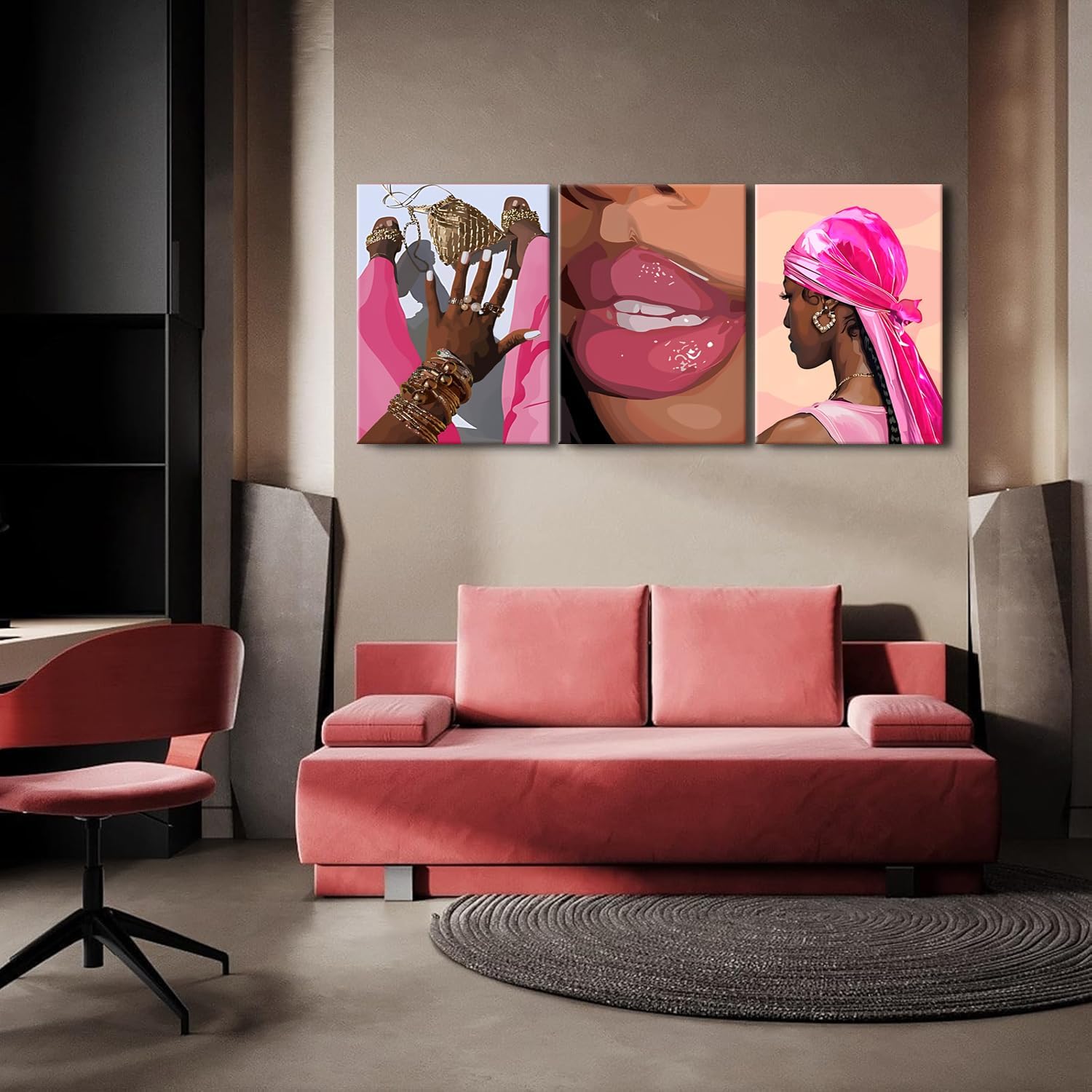 Black Girl Canvas Wall Art Set of 3 Pink African American Black Woman Wall Decor Fashion Abstract Black women Aesthetic Poster Prints for Living Room Bedroom Bathroom16x24in Framed