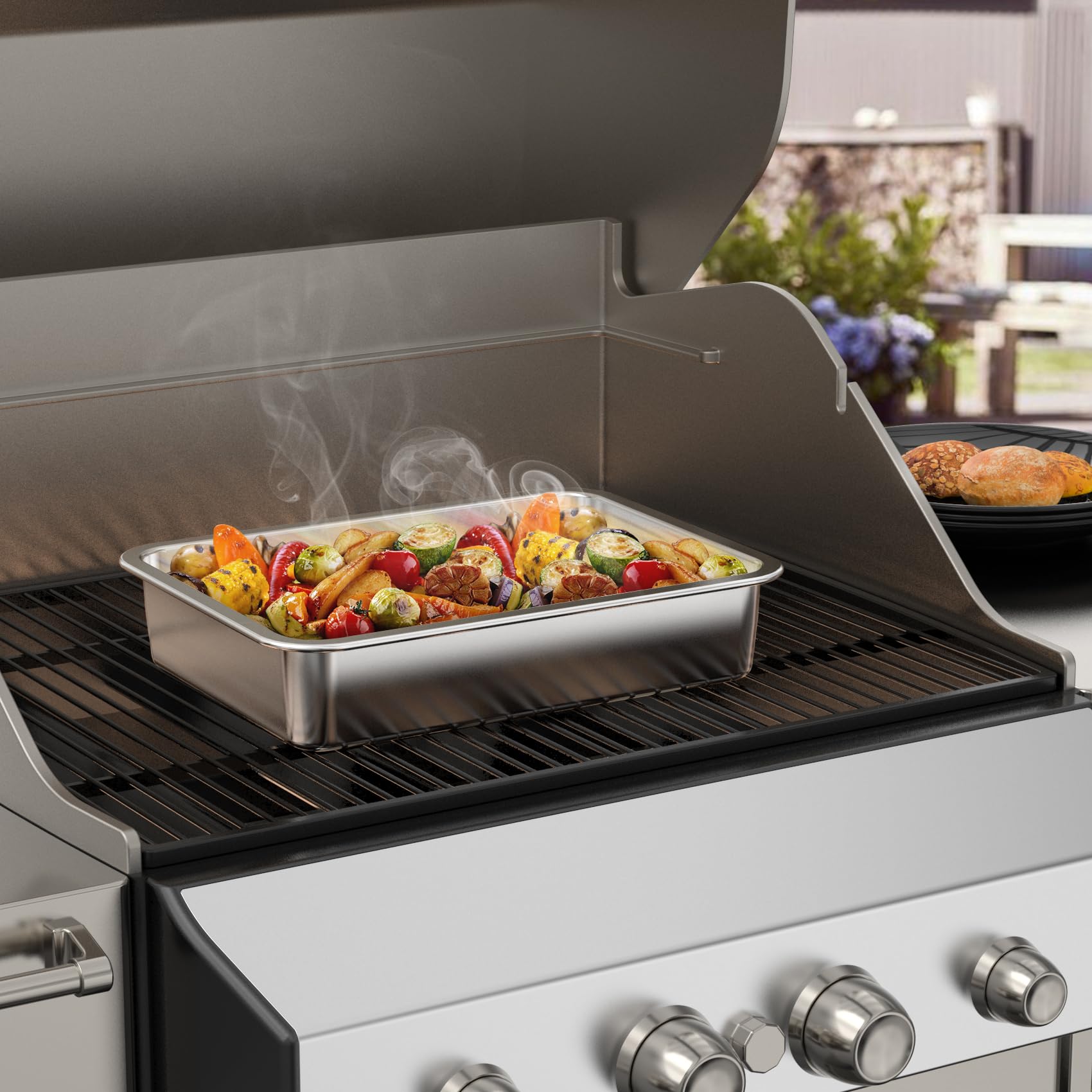 onlyfire Rostiera Profonda Antiaderente, Teglia da Forno in Acciaio Inox per Grill a Gas/Carbone e Forno, 35.7 x 26.5 x 7cm
