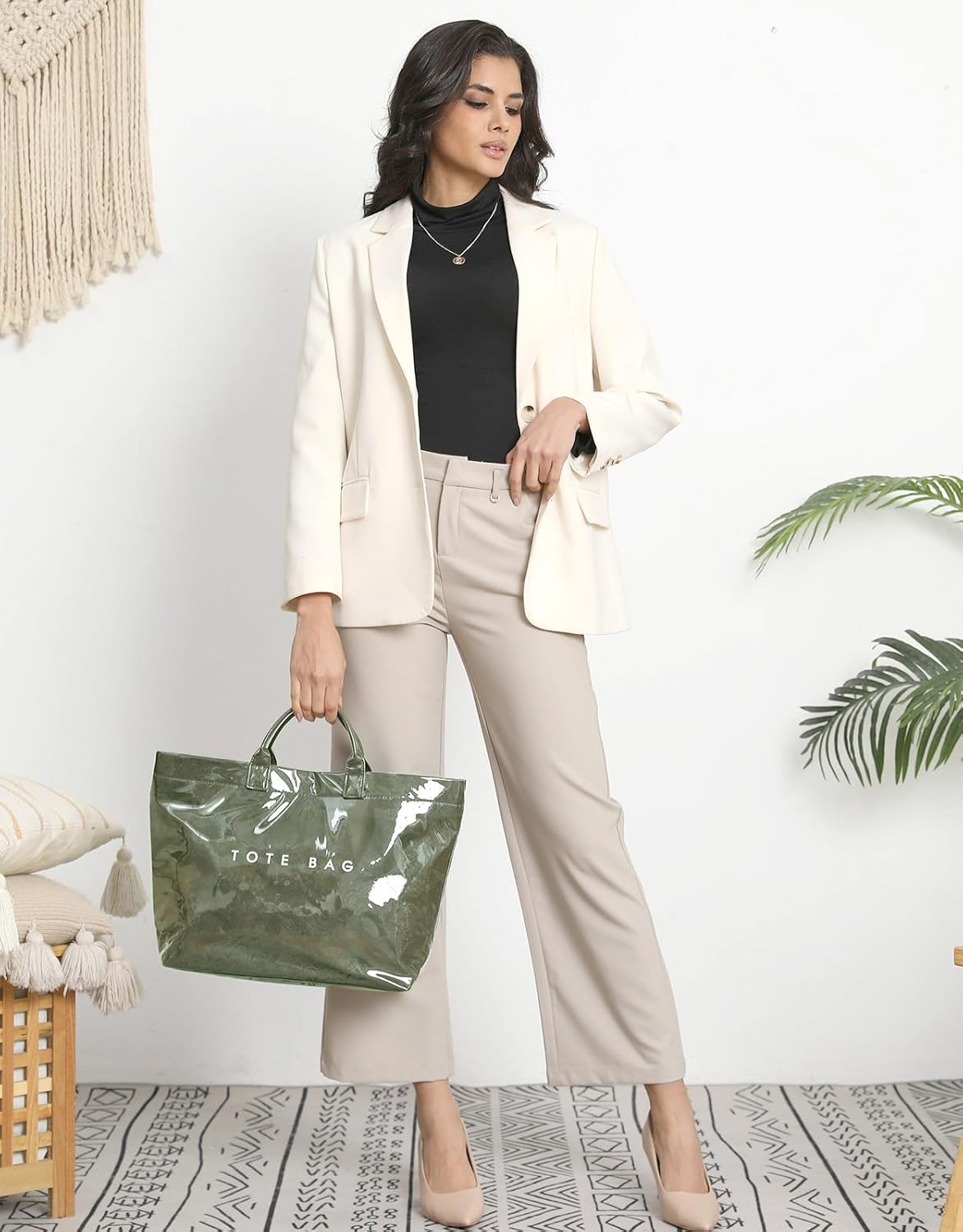 PVC Trendy Tote Bag for Women, Kraft Paper Letter Print Tote Bag Large Work Tote Handbag with Top Handle
