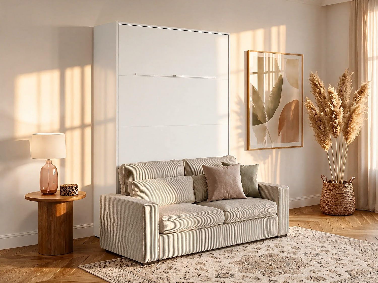 Vente-unique - Lit escamotable 160 x 200 cm - Ouverture Verticale Manuelle - avec LEDs - Blanc + Canapé en Velours côtelé Beige - RAPILI