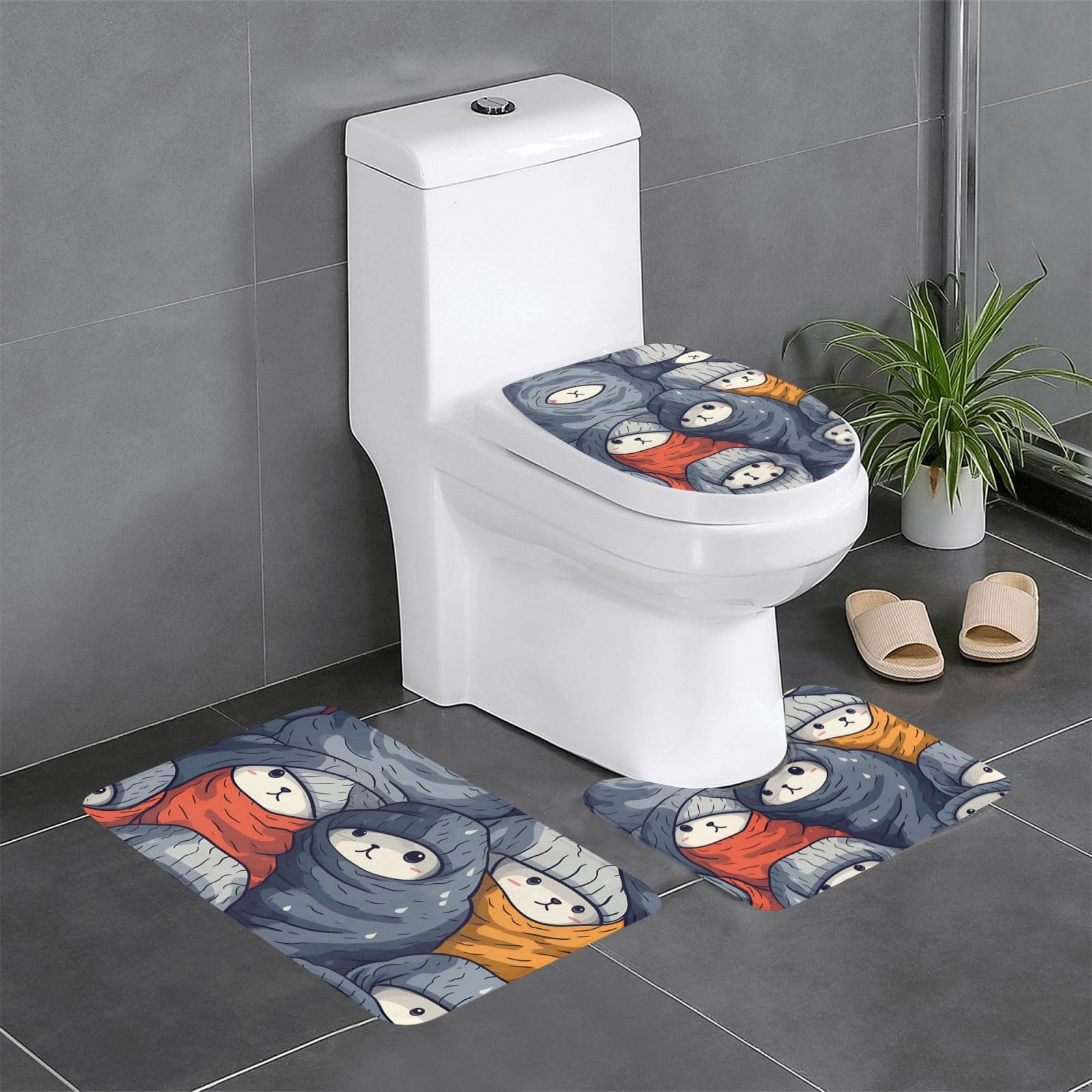 Tapis de salle de bain chat antidérapants : ensemble 3 pièces contour WC et tapis rectangulaire