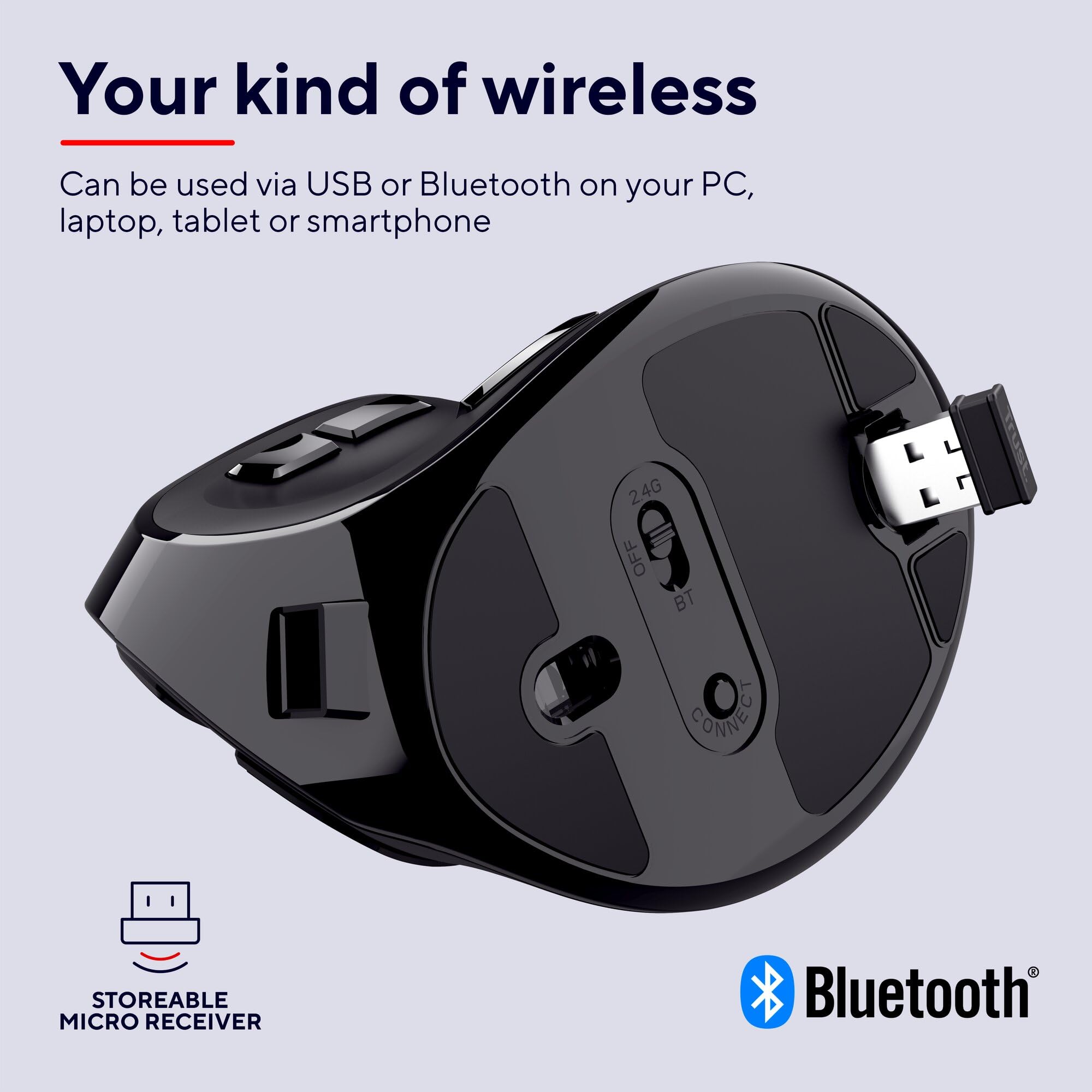 Trust Voxx Mouse Verticale Wireless Ricaricabile Bluetooth o 2.4 GHz, Mouse Ergonomico Senza Filo Programmabile, 9 Pulsanti, Display LED, 1200-2400 DPI, Mac PC Macbook Laptop Chromebook - Nero