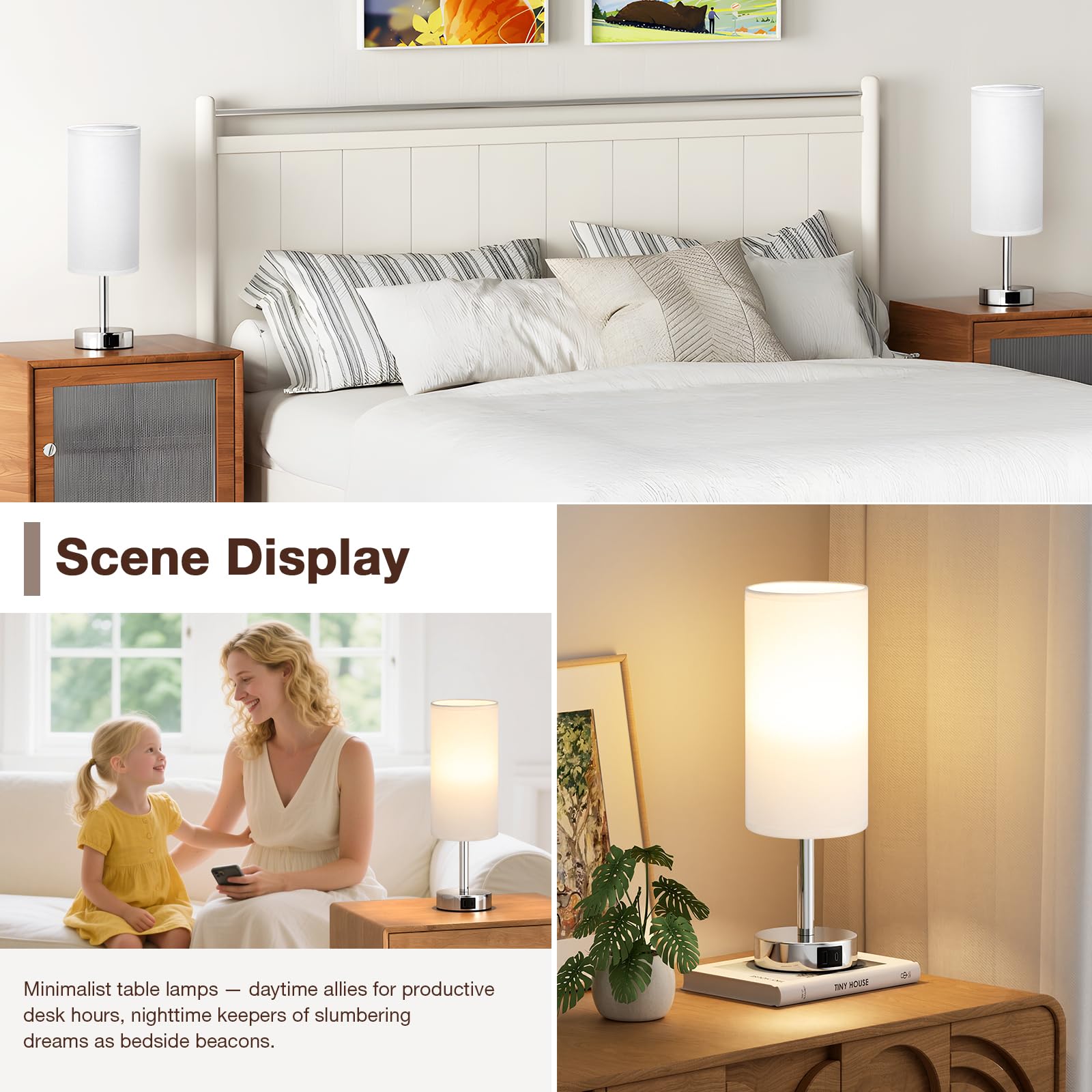 Aooshine White Bedside Lamps Set of 2, Dimmable Table Lamps for Bedroom Silver Base(Bulb Included), G-white-2pc - Image 4