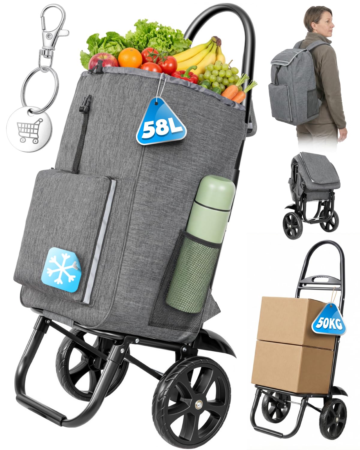 Homecall Einkaufstrolley Klappbar Einkaufswagen mit 50L + 5L kühlfunktion Bis 50KG, Einkaufstasche mit Rollen 3 in 1 Shopping Trolley & Sackkarre & Rucksack