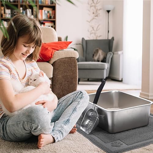 Miniatura 6 de Tioncy Juego de 2 cajas de arena de acero inoxidable y pala de arena para gatos con 1 alfombrilla de arena para gatos, caja de arena de metal,