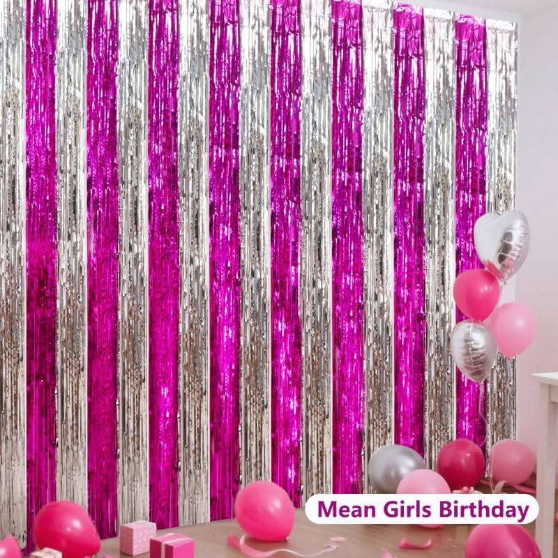 Image of BEISHIDA Hot Pink Silver Door Streamers Backdrop Foil Fringe Tinsel Party Streamers Curtains Photo Backdrop - 2Pcs for Girl Birthday Valentines Graduation Bachelorette Party Decoations