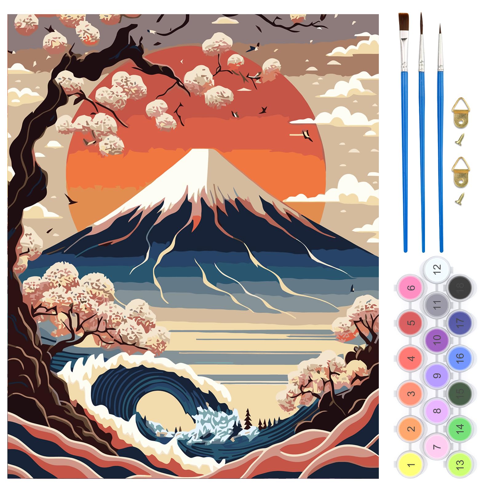 QENSPE Kit de Pintar por Números y Manualidades para Adultos Principiantes, Pintura por Números sin Marco, 40x50 cm, Regalo para Decoración de la Pared del Hogar - Paisaje Monte Fuji