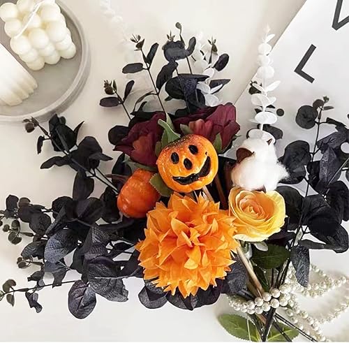 Miniatura 2 de Laelfe 6 tallos de eucalipto artificiales negros, ramas de hojas de eucalipto artificiales negras de 14 pulgadas, tallos de eucalipto negro falso