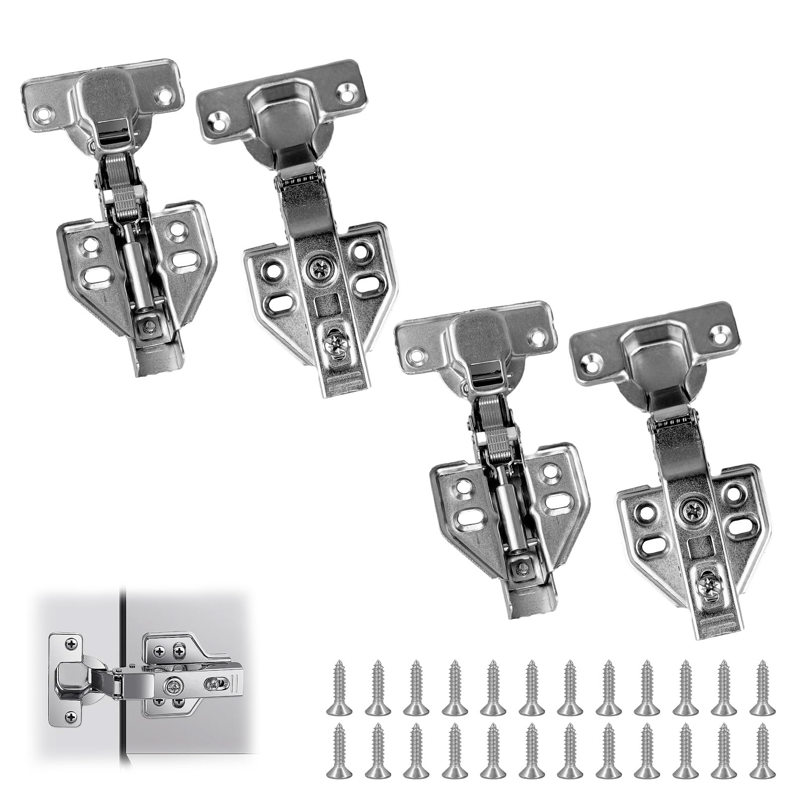 4pcs Detachable Soft Close Cupboard Hinges, Full Overlay Cabinet Door Hinges with Fitting Screws, for Kitchen, Wardrobe, Bathroom & Bedroom
