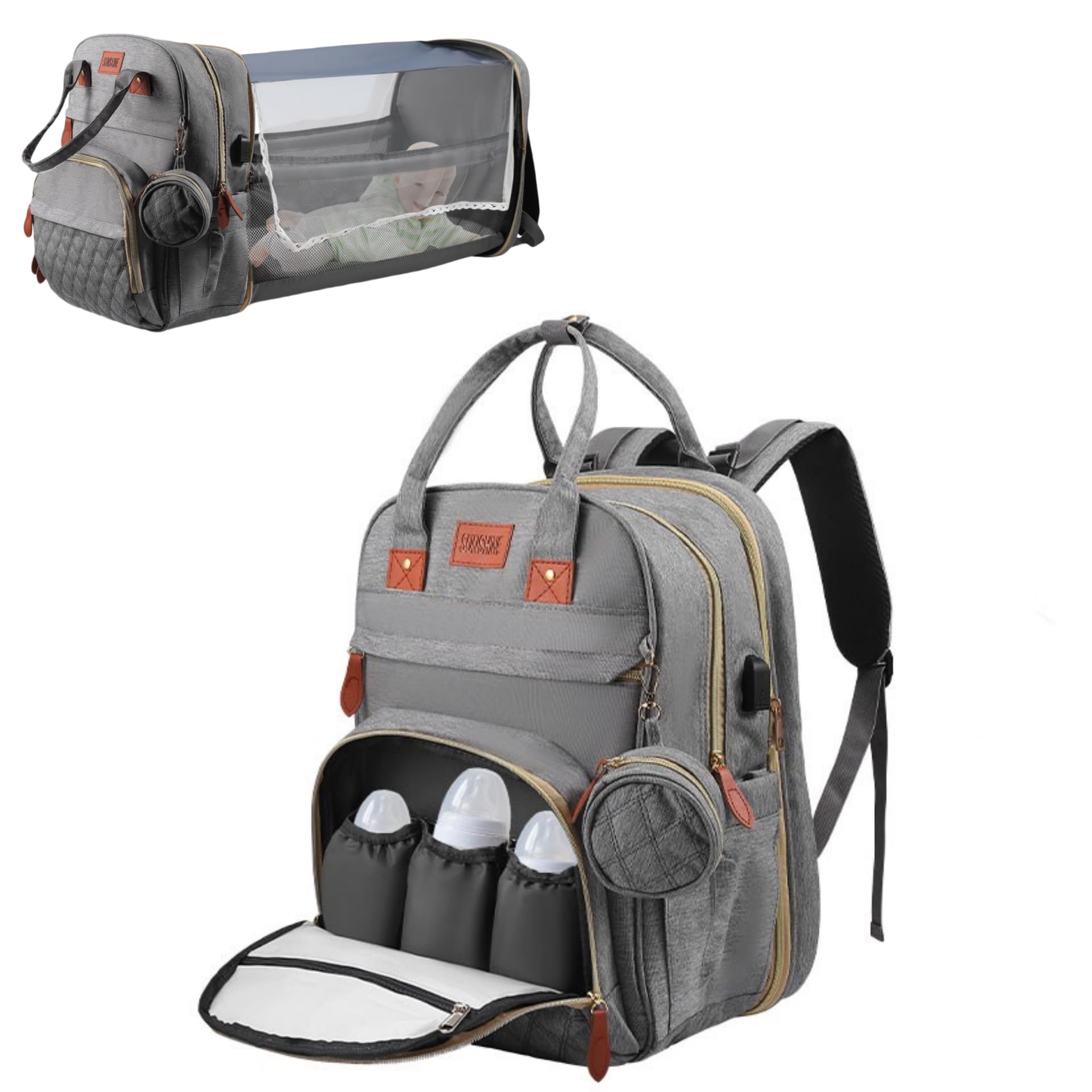 Large Capacity Baby Changing Backpack with with Foldable Cot Bed and Changing Pad & USB Port